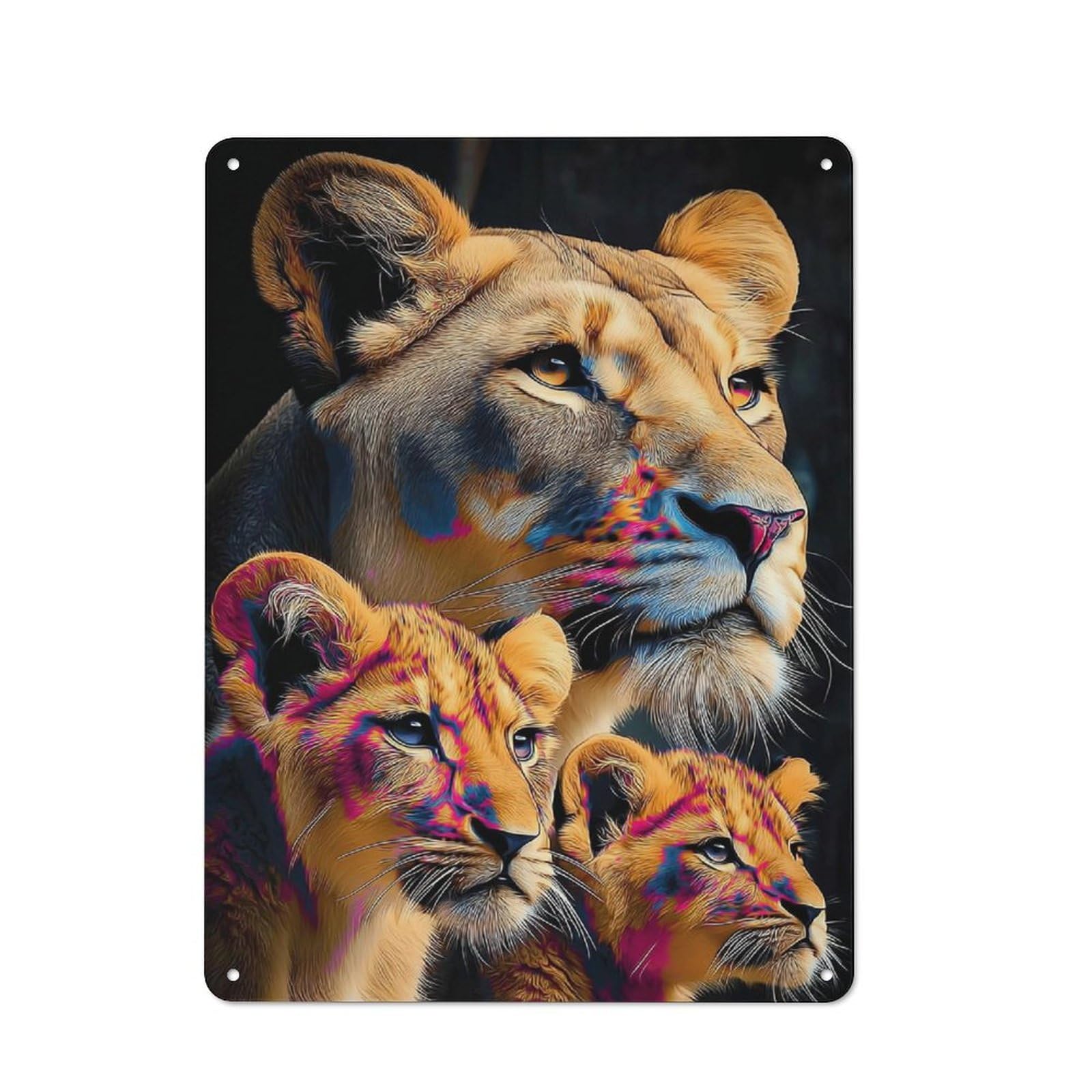 Junmoney Colorful Lion Family Portrait -4 Simple Retro Metal Wall Plaque 40X30cm, Creative Space Decor For Office, Study, Studio Or Hallway
