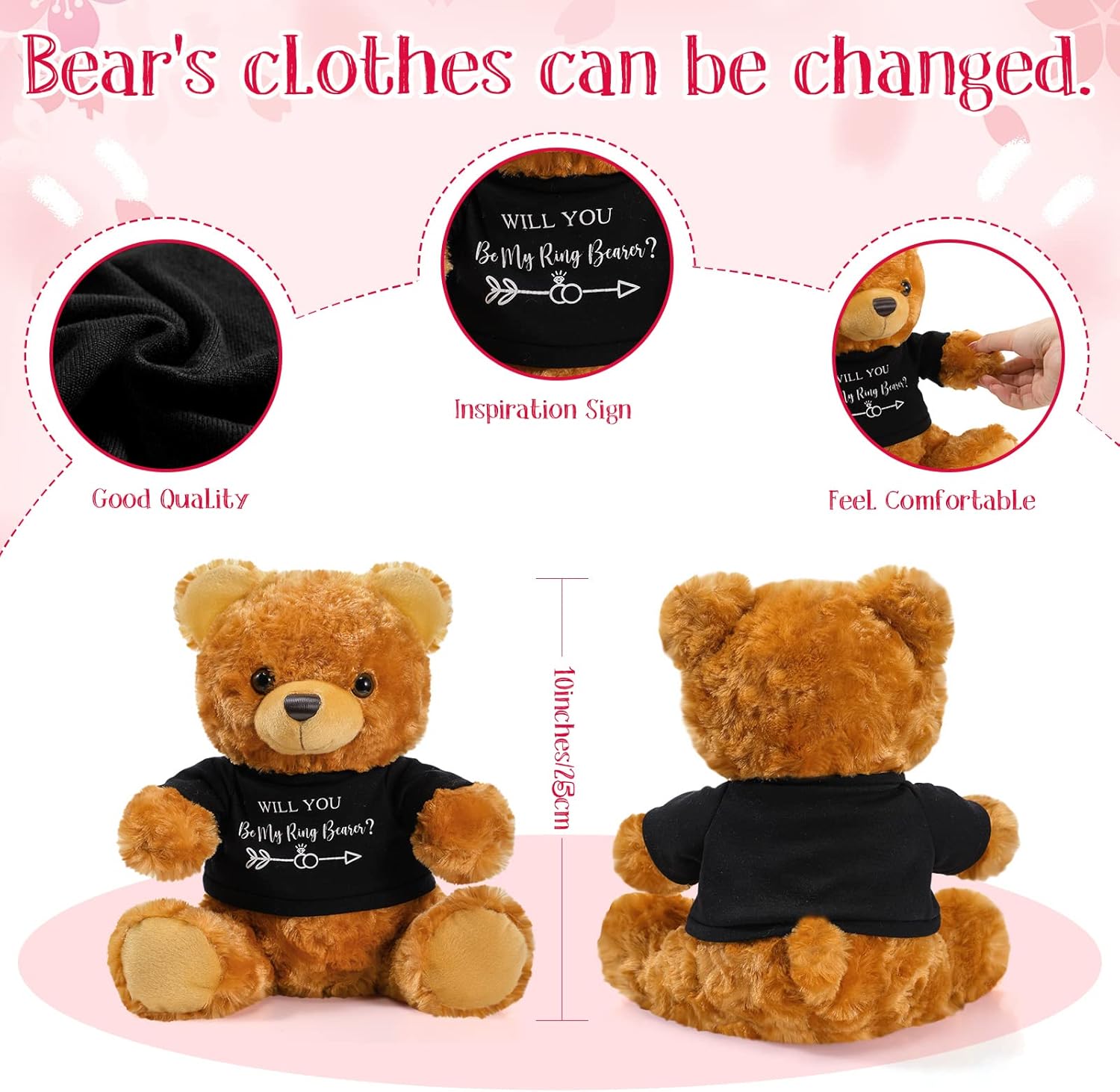 Jexine 2 Pieces Wedding 10 Inch Bear Stuffed Animal Will You Be My Flower Gril Bear Bearer Ring Proposal Gifts from Bride Groom with Clothing for Wedding Proposal Anniversary Party(Flower Girl, Ring)