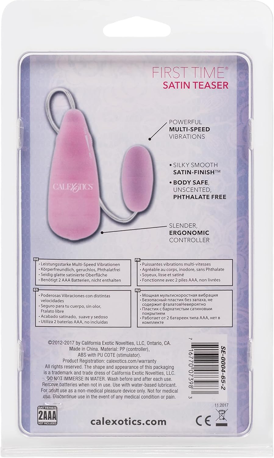 Back of the CalExotics First Time Satin Teaser packaging, showing product details and care instructions.