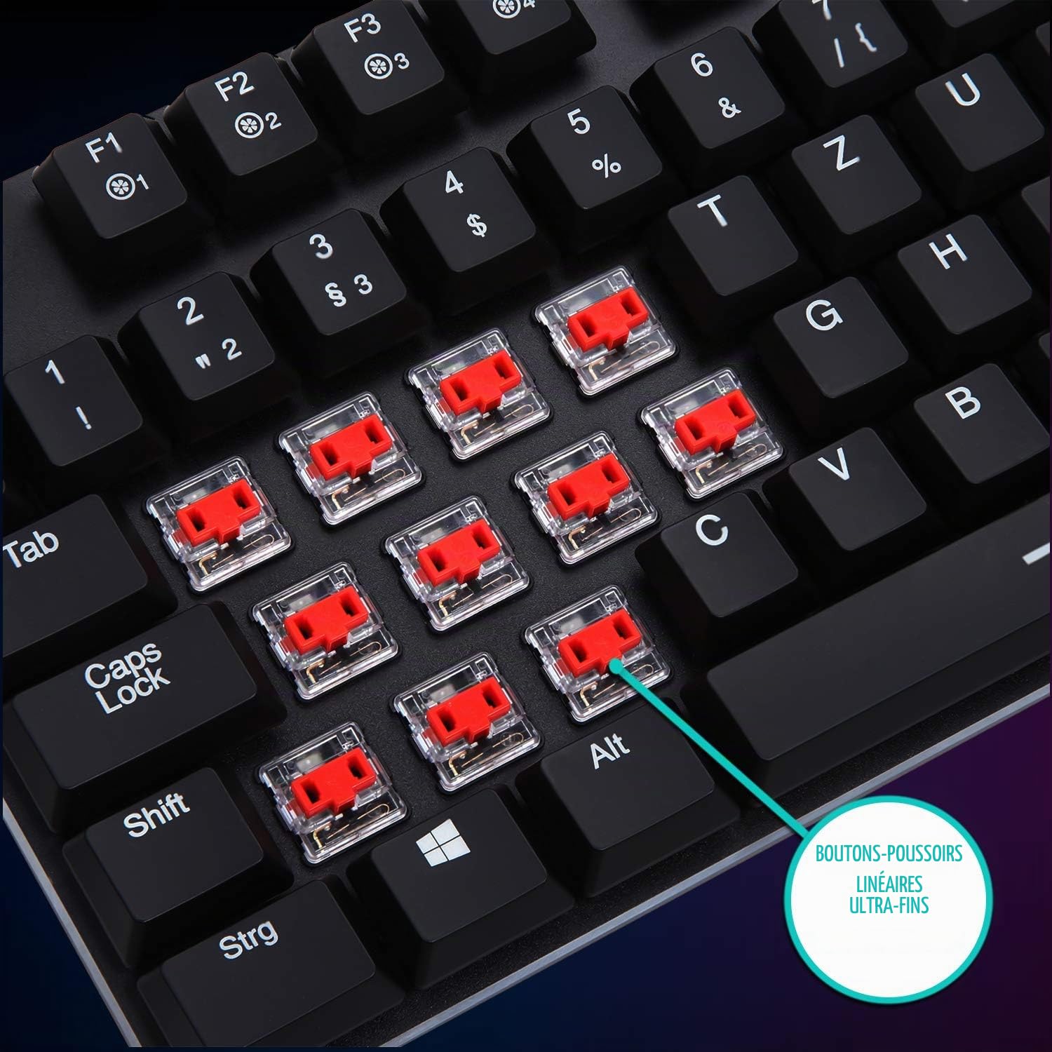 KLIM™ Dash – Nouveau – Clavier Mécanique QWERTZ avec Switchs Red Low Profile pour Les Professionnels et Gamers – Garantie 10 Ans – Rétroéclairage RGB – Structure Métallique – Personnalisation Totale
