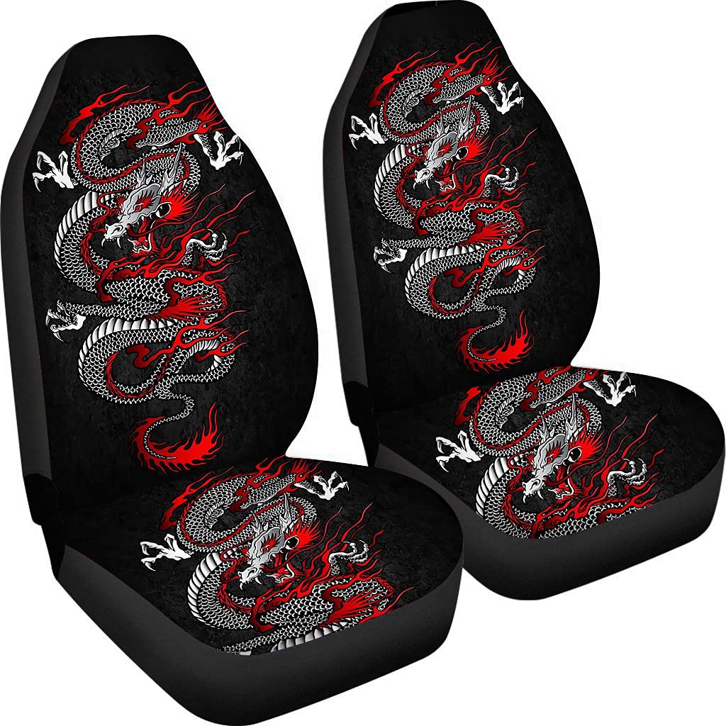 2pc Black Red Dragon Print Car Seat Cover Protector for Girls Momen Men Universal Fit Easy to Install Car Accessories