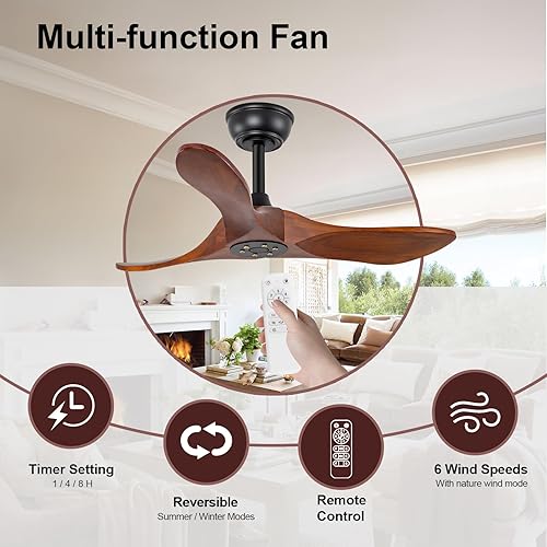 Miniatura 3 de KBZZ Ventilador de techo de 36 pulgadas sin luz con control remoto, ventiladores de techo de madera sin luces, 6 velocidades, motor CC reversible,