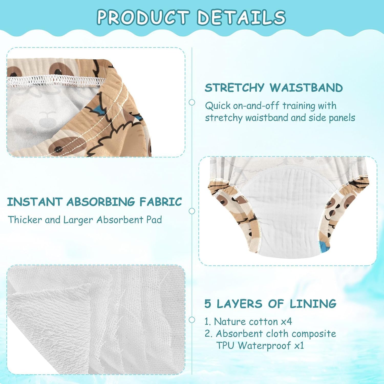 Baby Girls Toilet Training Pants Soft Cotton Nighttime Training Underwear Potty Training Underwear for Toddler Boys 2T Cute Cartoon Sloth Beige