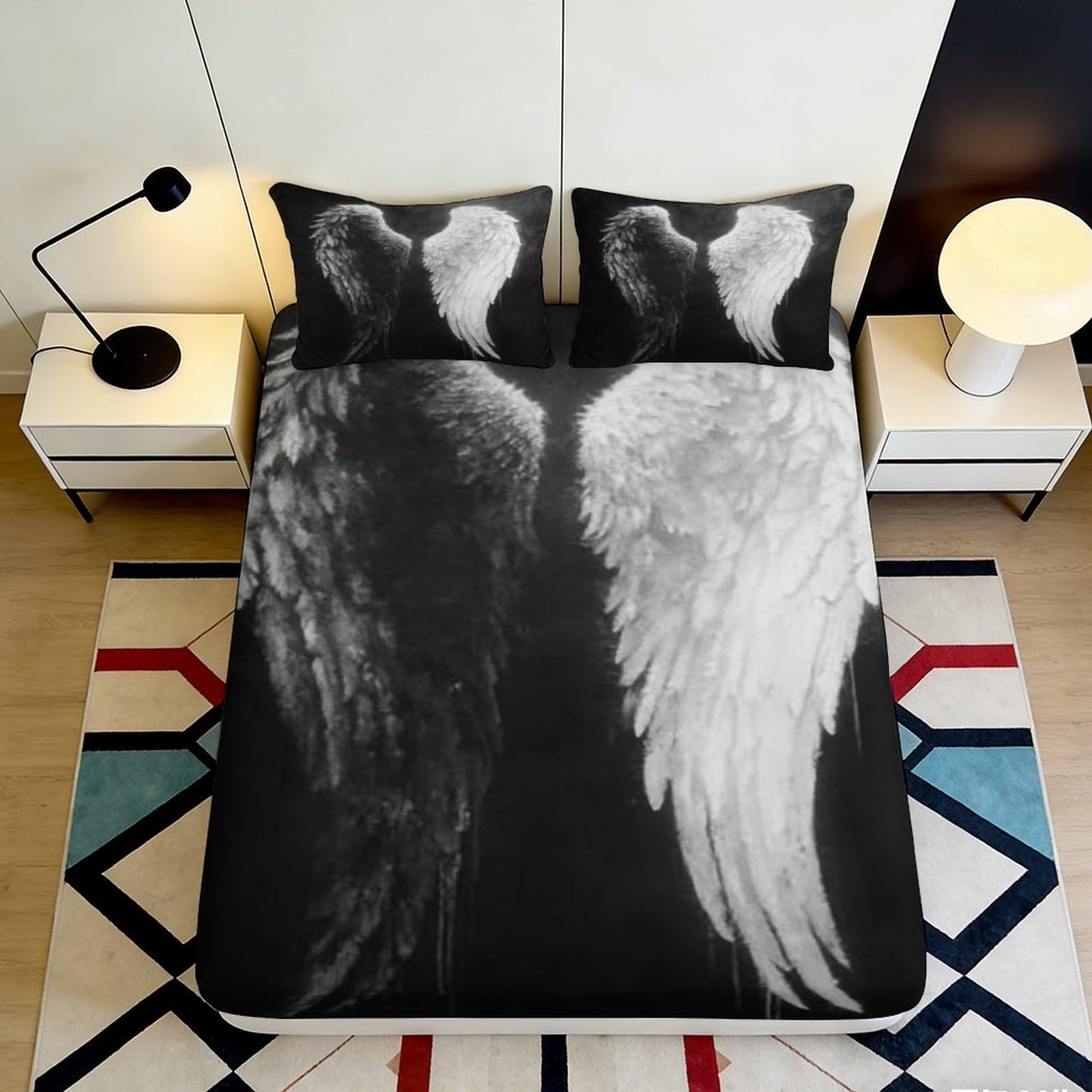 3D Printed Angel Wings Fitted Sheet Microfiber Soft Black White Feather Bed Cover for Bedroom Dorm Mattress Decor 120x200x25cm