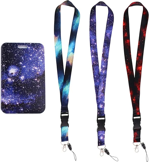 3pcs Neck Lanyards with Clip for Keys with 1 Card Case Holder Detachable Buckle, Galaxy