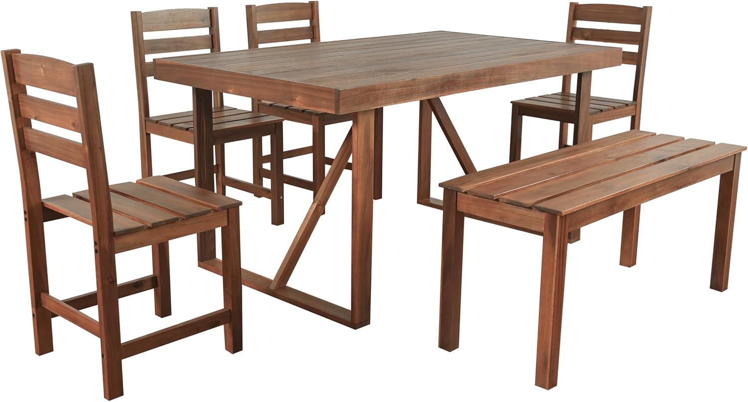 RuiSiSi Outdoor Dining Set for 6, Acacia Wood Patio Dining Table Set with Bench and 4 Chairs for Balcony, Backyard, Garden, Brown