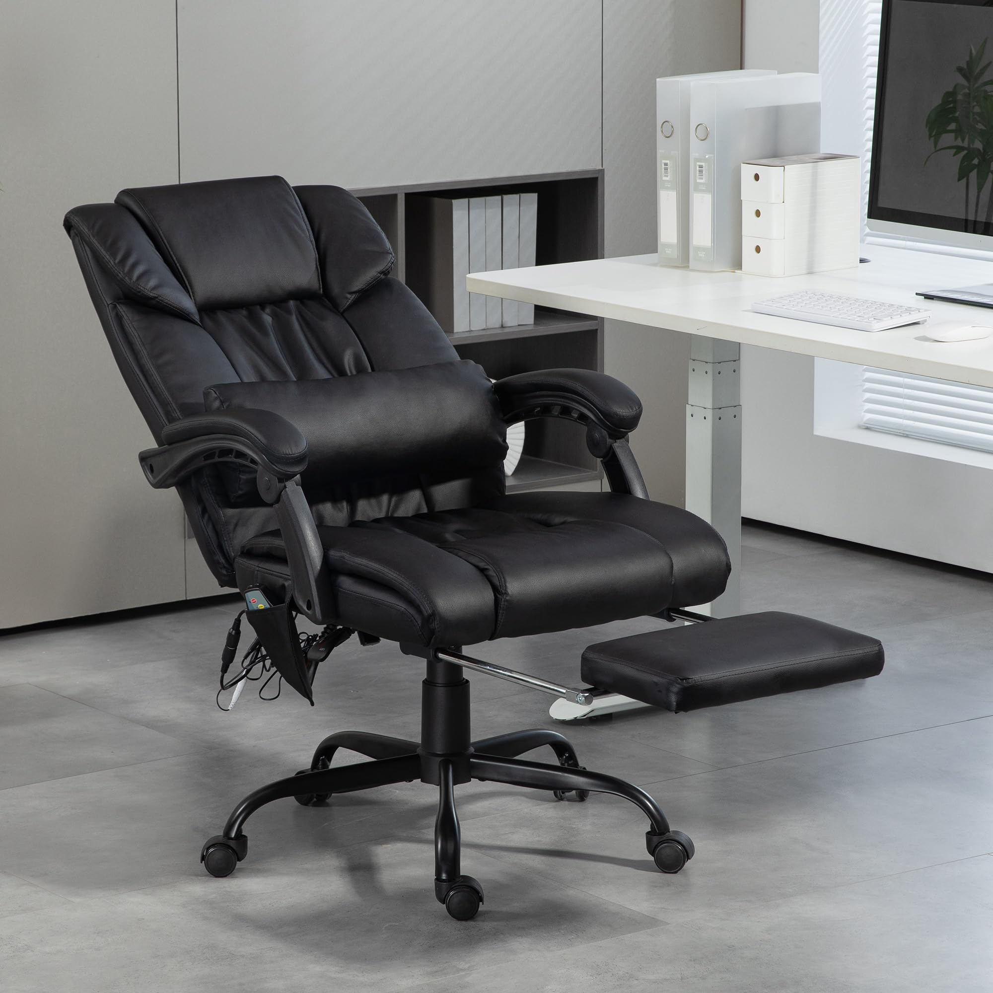 Vinsetto Silla de Oficina con Masaje Vibratorio de 6 Puntos Negro | Silla de Escritorio Giratoria, Respaldo Alto Reclinable, Altura Ajustable, Reposapiés, Mando a Distancia