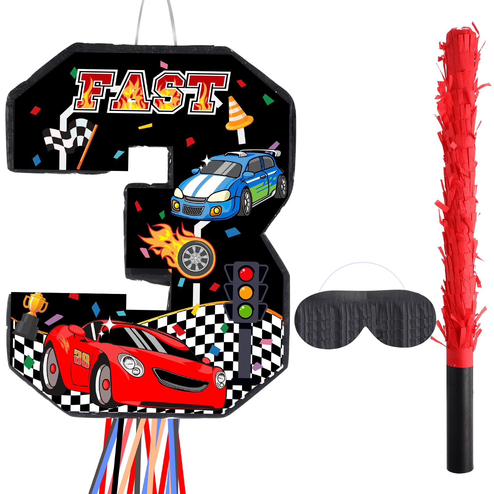 Race Car Piñata Pull String Cars Piñatas for Birthday Party Decorations Number 2 3 4 5 6 with Blindfold Stick Small Red Black Racing Theme 2nd 3rd 4th 5th 6th Party Supplies(Number 3)