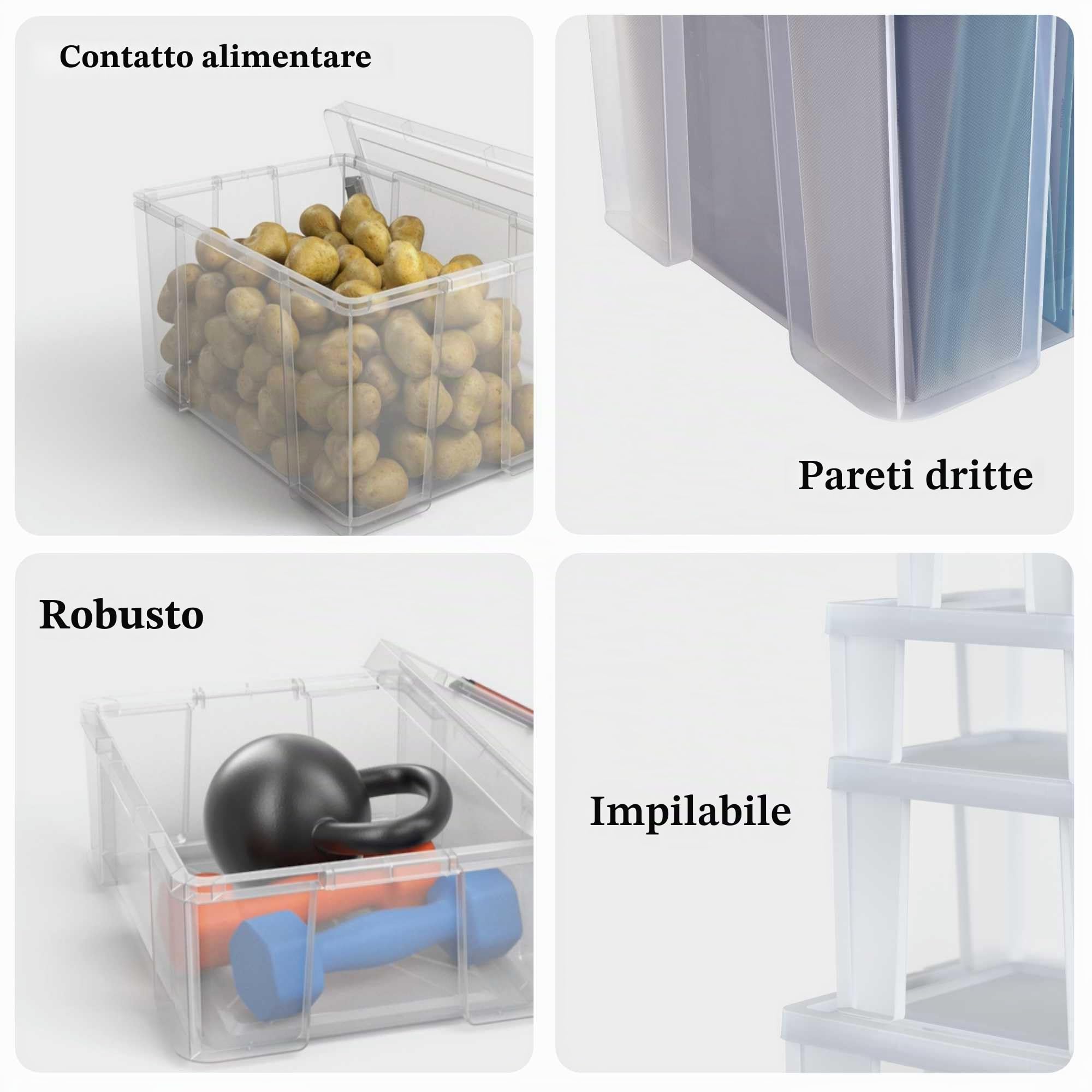 Sundis set di 3 contenitori rinforzati CLIP'N STORE 45L, Trasparente con coperchio a scatto, impilabile, idoneo al contatto alimentare