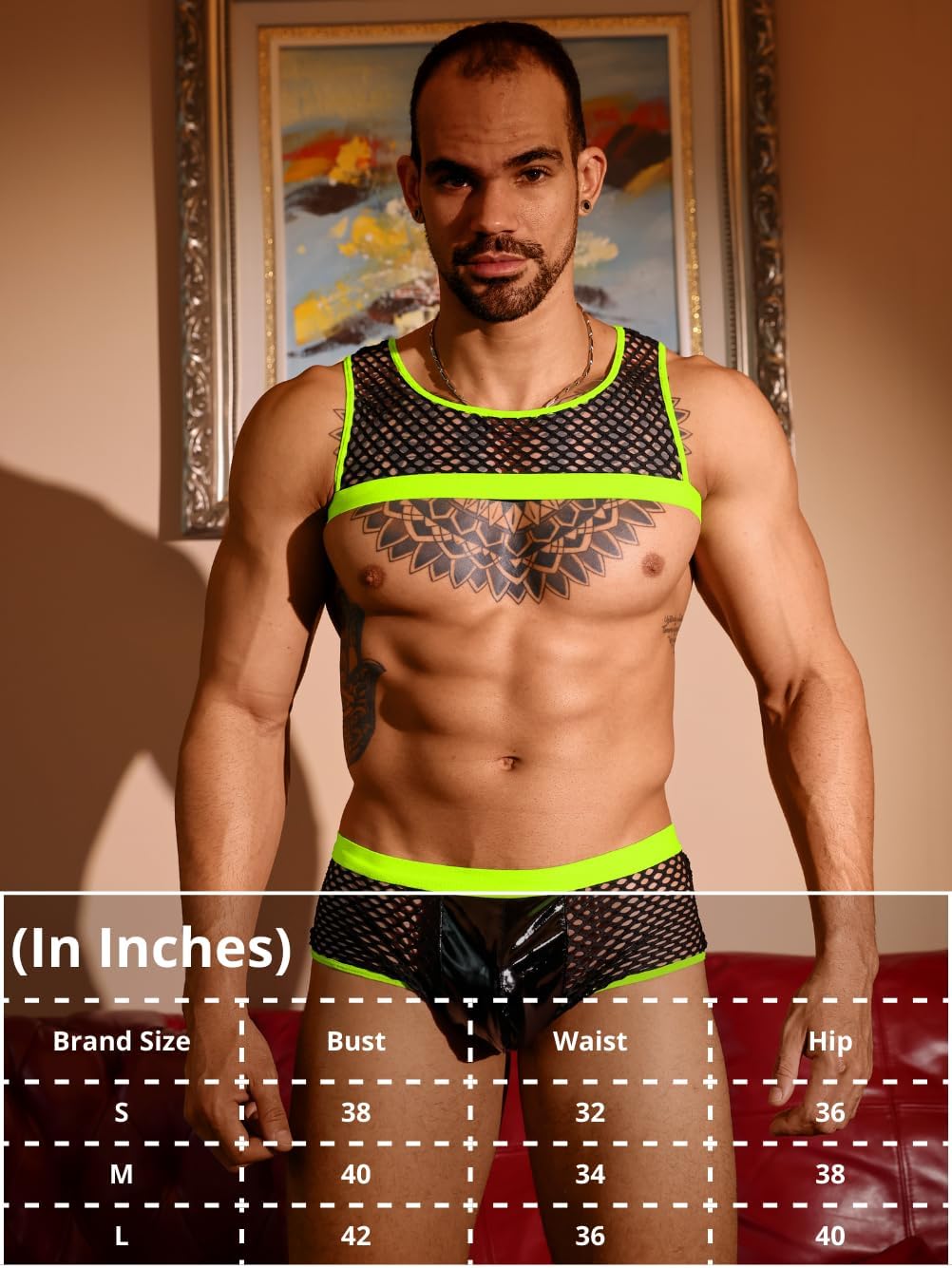ChiaoLezhee Crop Top For Men, Sheer Fishnet Underwear, Mens Shirt Lingerie Set, Sissy Clothes Glow Rave Man Mesh Sexy Gay