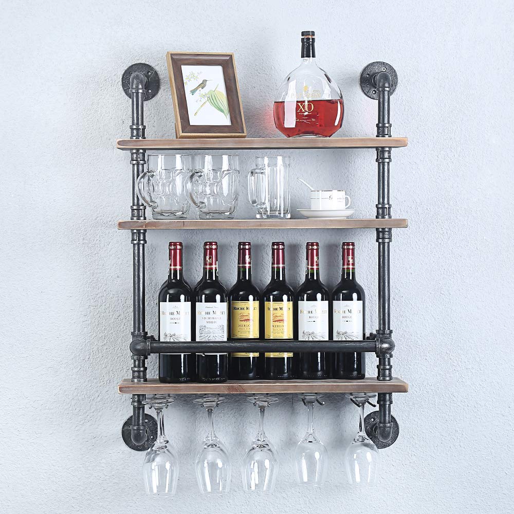 Buy Industrial Pipe Shelf Wine Rack Wall Mounted with 5 Stem Glass Holder,24in Real Wood Shelves