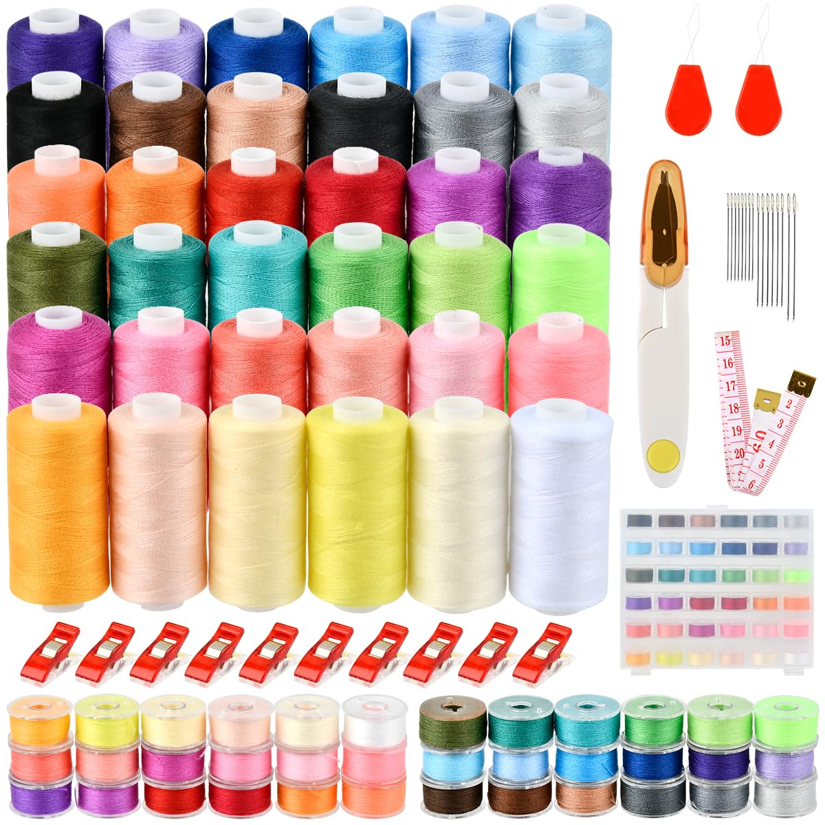 700Yard Bobbins Sewing Thread Set 103PCS, 36Colors Polyester Sewing Thread Spools for Sewing Machine, Longer Prewound Sewing Machine Thread with Bobbins Case for Brother Singer Janome Overlock Sewing