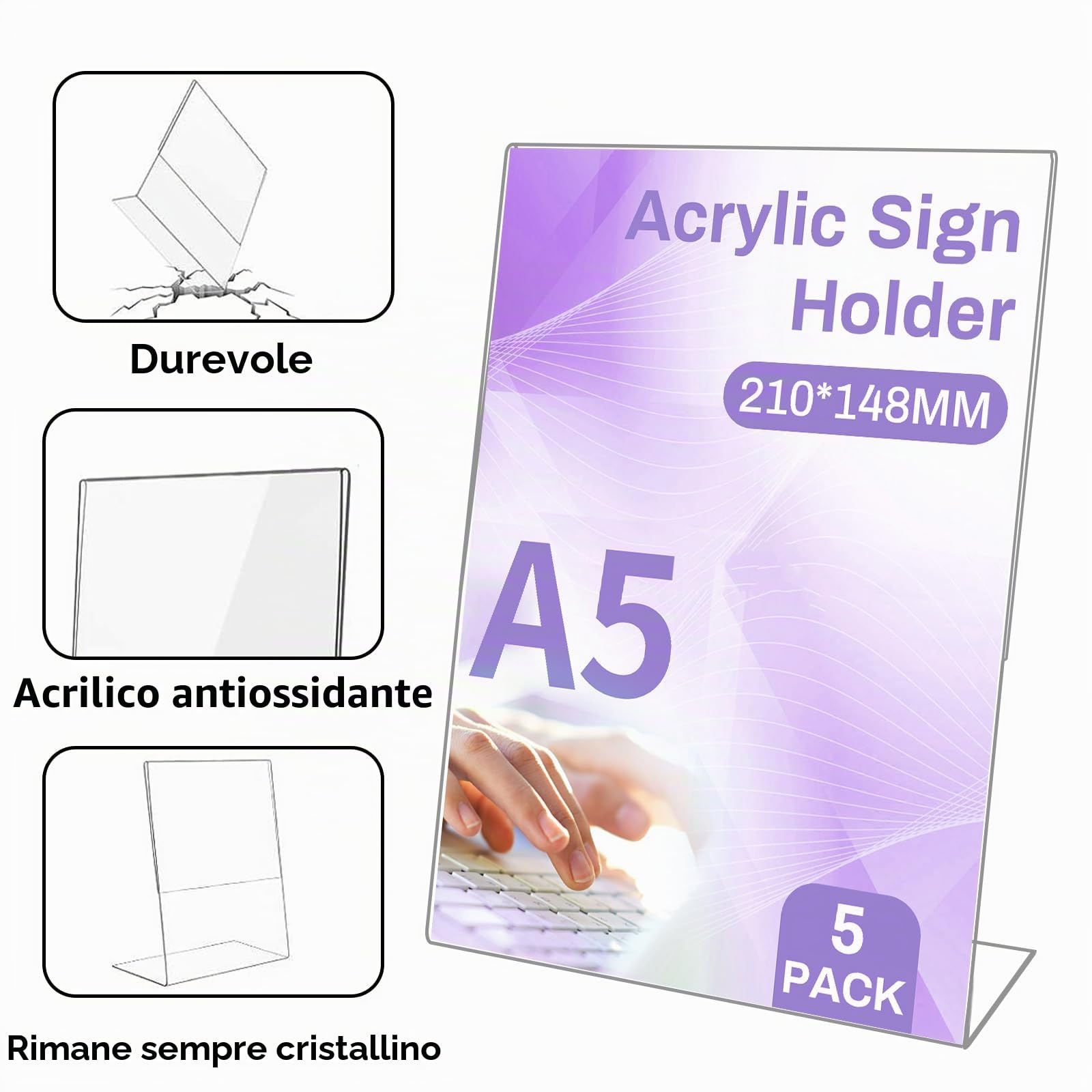 5 Pezzi Acrilico Espositore A5, Espositore in A5 Espositore da Tavolo Inclinato a Forma di L in Acrilico, Porta Menu in Acrilico Trasparente, per Ristoranti Banco da Tavolo Ufficio Negozio