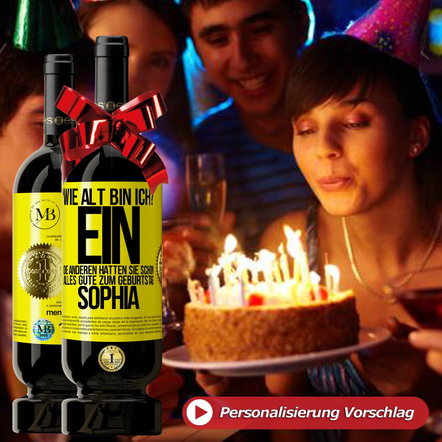 «Du weißt dass du älter wirst wenn jedes Lachen in einem Husten endet» Flaschenpost. Premium Rotwein Reserve 12 Monate MBS Martín Berasategui System + Gift Box. Etikett Gelb ANPASSBAR