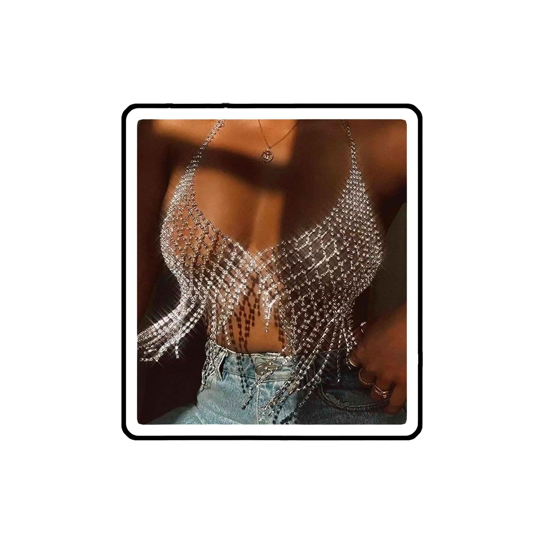 INSYOHO Rhinestone Bra Chain Bralette - Adjustable Sparkle Body Chains Top, Tassel Diamond Beaded Bra Top Bikini Chest Jewelry for Women Summer Beach Carnival Party Rave Festival