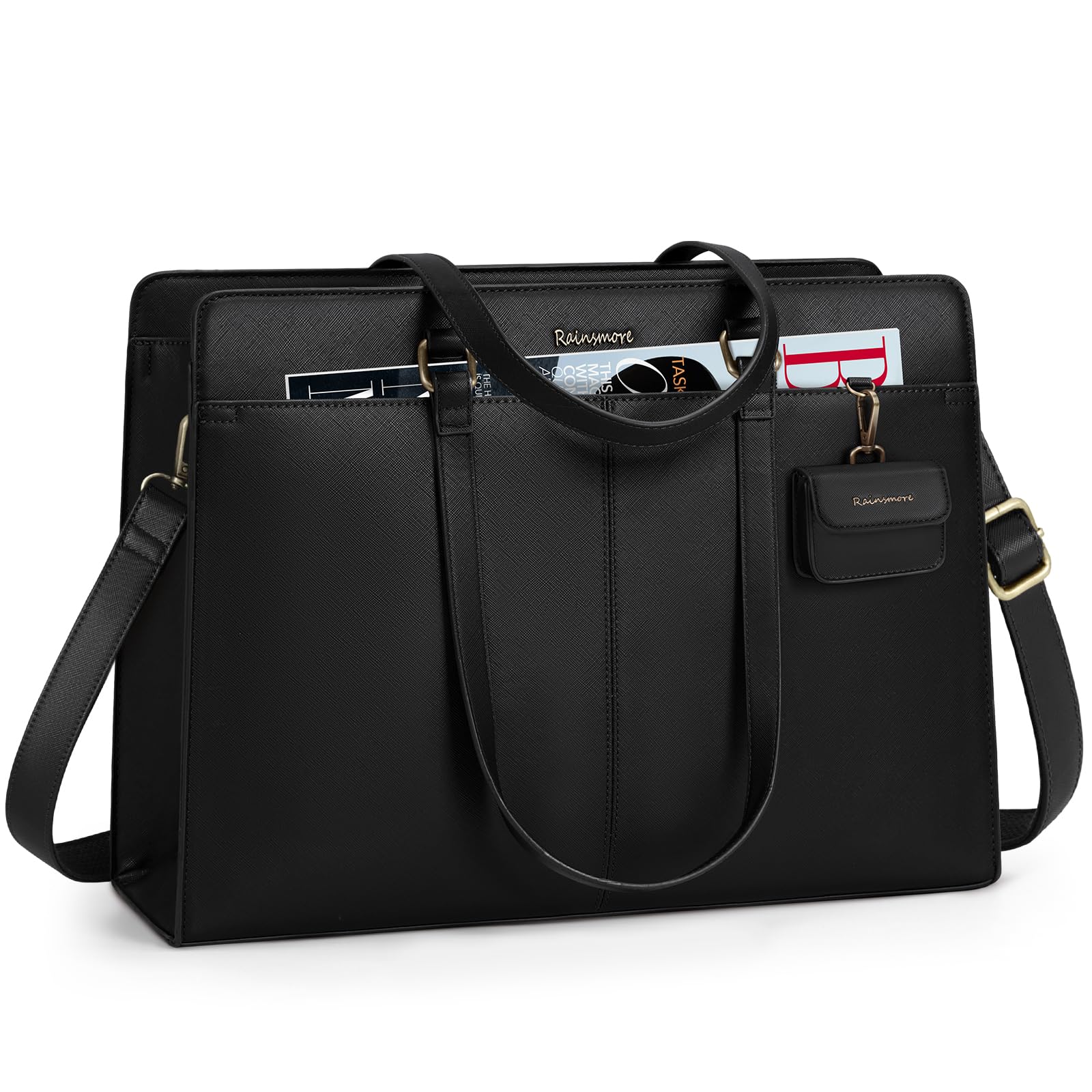 RAINSMORE Borsa Donna Grande Borsa Università Impermeabile 15,6 pollici Laptop Borsa da Lavoro Borsa a Tracolla in Pelle PU Viaggi Scuola Ufficio Shopping Nero