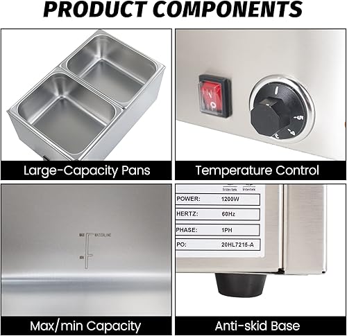 Miniatura 3 de EASYROSE - Calentador comercial de alimentos con 2 bandejas, calentador de alimentos con control de temperatura y tapas, bandejas de calentamiento