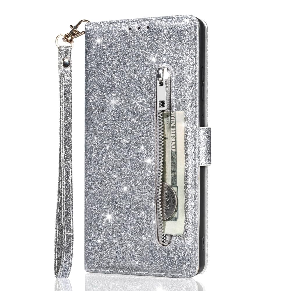 Generic Compatible avec Samsung Galaxy S10E (couleur : argenté) Étui portefeuille en cuir avec fermeture éclair à paillettes