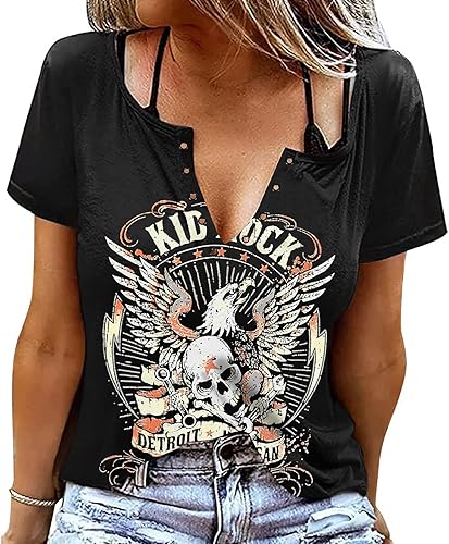 SFHFY Kid Rock Skeleton Eagle - Camiseta para mujer, diseño vintage de Nashville Rock Roll Music Shirts Funny Motor City Graphic Skull Top