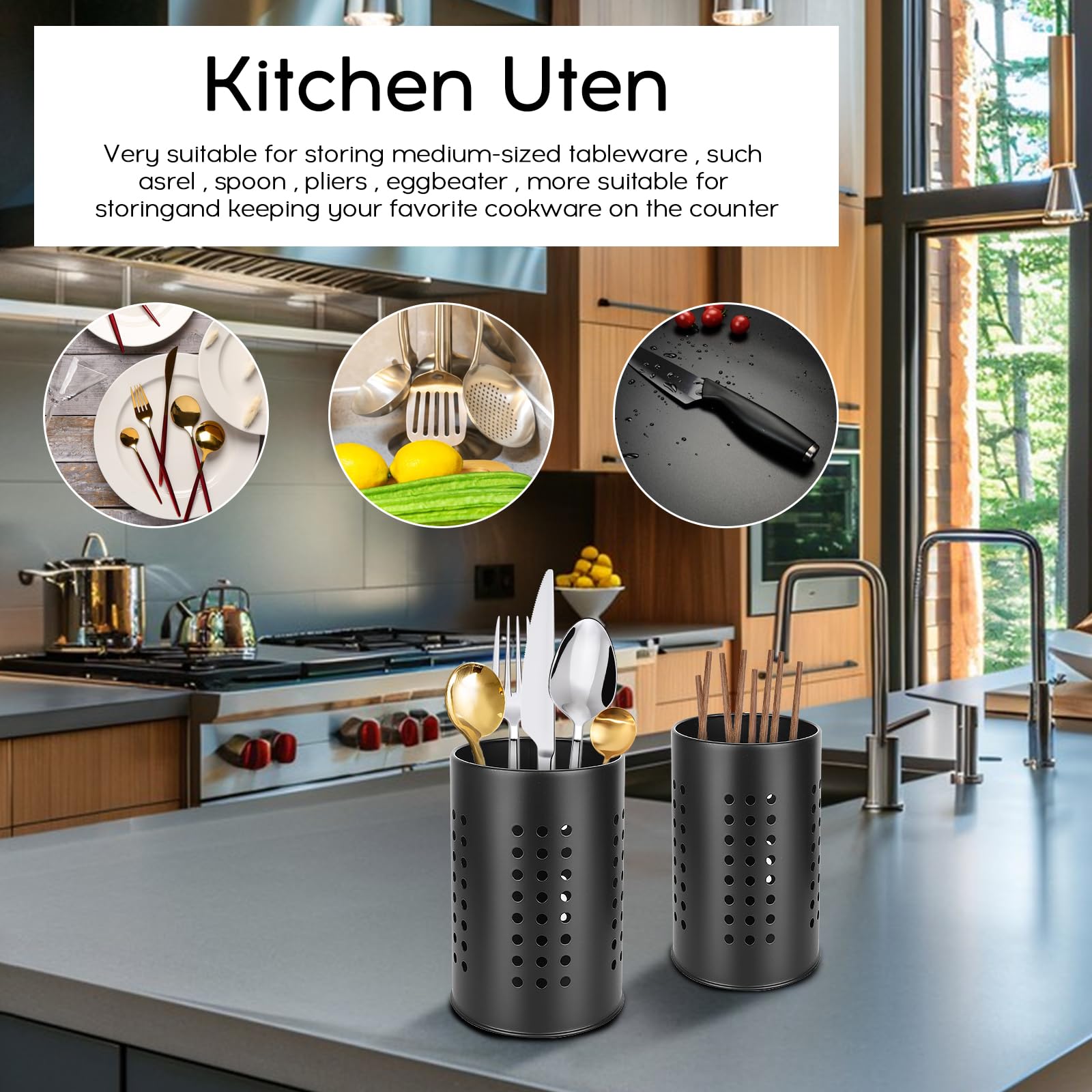 Küchenutensilienhalter für Arbeitsplatte, 2 Stück Küchenutensilien Organizer aus Edelstahl, Runder Besteckkorb, Edelstahl Schwarze Utensilien Caddy für die Arbeitsfläche, Küchen Aufbewahrung