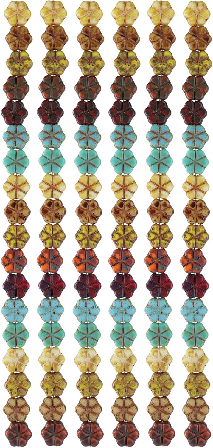 The Beadsmith Czech Glass Strands – Pressed & Table Cut Beads – 6 x 7-Inch Strands, 18 Beads Per Strand – Turquoise Autumn Nature Mix – for Jewelry Making, Decorations & DIY Crafts