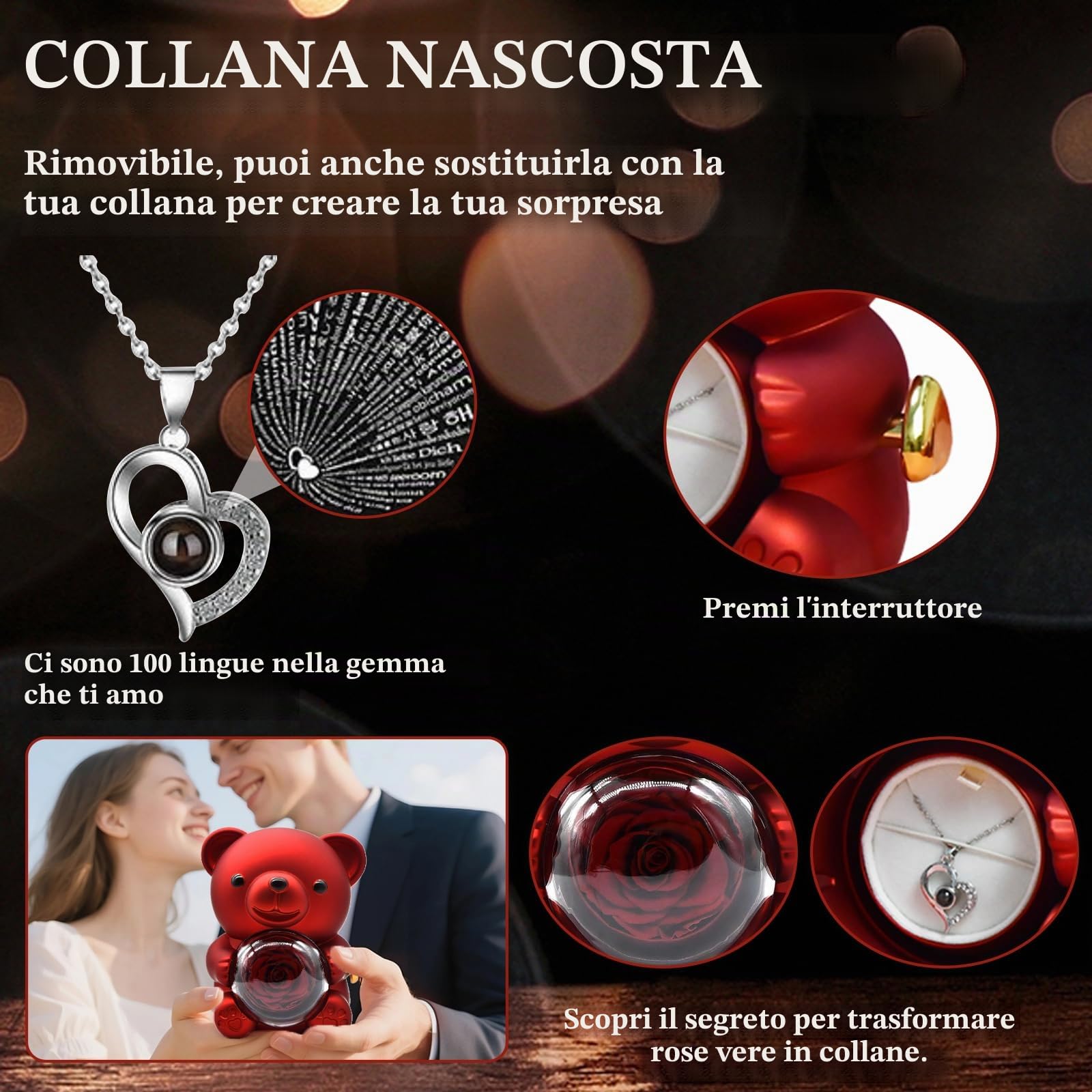 Orsetto Rosa Eterna con Collana a Forma di Cuore,Orso di rosa Eterna Confezione Regalo,Orsetto di Rose Stabilizzate con Scatola per Donna,Mamma,per San Valentino,Festa della Mamma,Anniversario (Rosso)