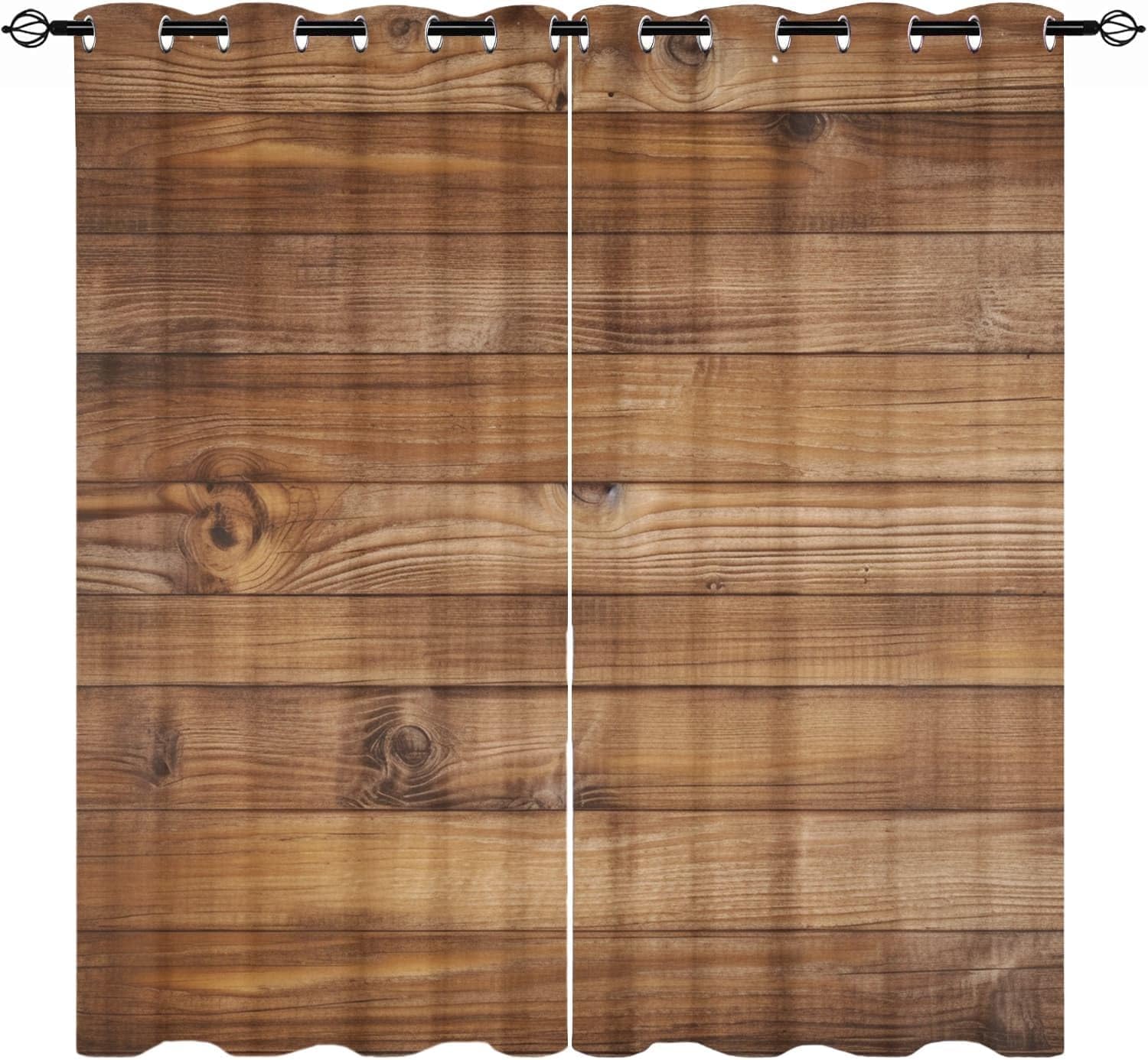 Rideaux occultants 140x200 cm à oeillets imprimé bois rustique pour salon