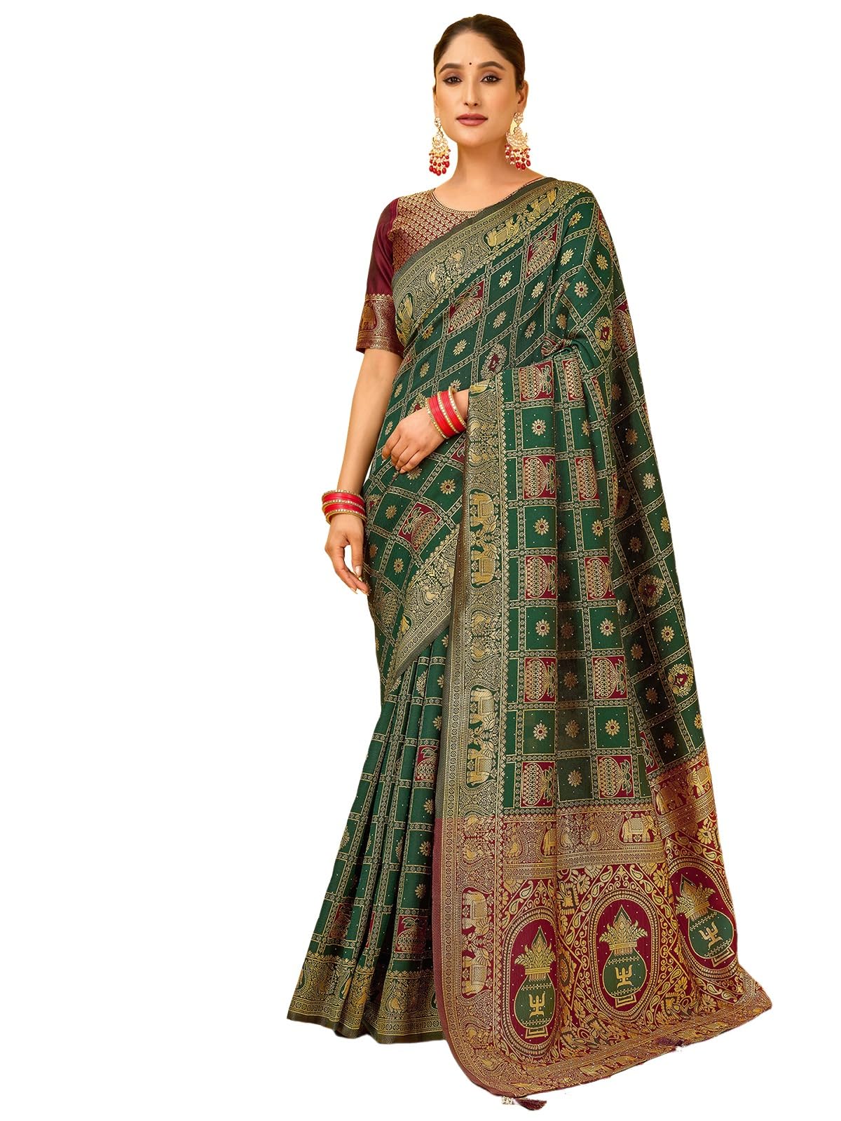 Satrani Women's Banarasi Silk Weaving Stone Work Saree With Unstitched Blouse Piece (4245S6701N_Dark Green)
