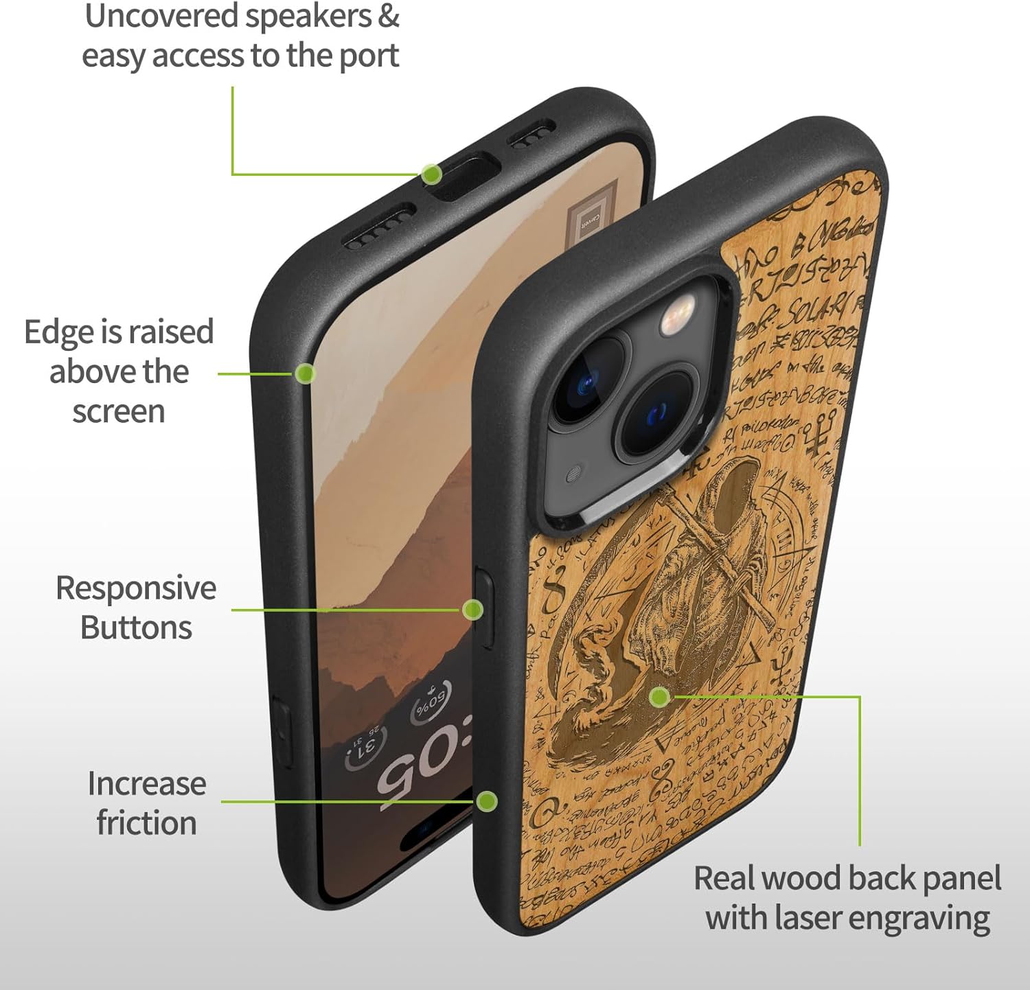 Carveit Magnetic Wooden Case for iPhone 15 Case, Compatible with MagSafe Wireless Chargers, Black Soft TPU Shockproof Cover & Wood Artisan Engraved (The Grim Reaper of Carved) - Cherry