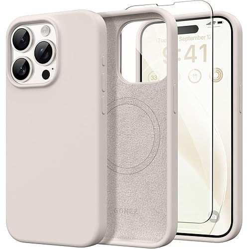 GONEZ Magnetic for iPhone 15 Pro Max Case, [Compatible with MagSafe] Anti-Scratch Microfiber Lining & Screen Protector, Shockproof Slim Phone Silicone Cover 6.7 inch, Stone