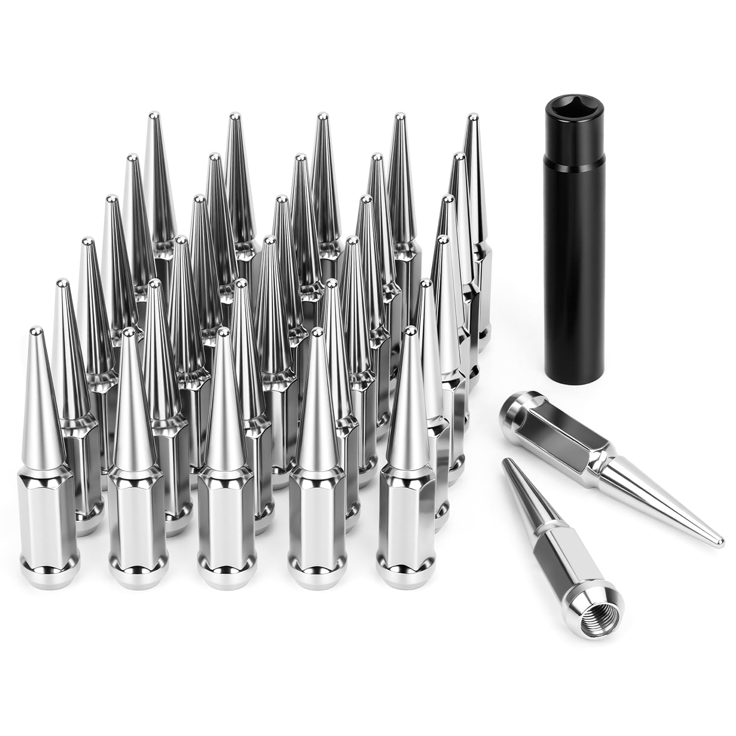 Photo 1 of DYNOFIT 14mmx1.5 Spike Lug Nuts, 32PCS Chrome M14x1.5 Lug Nut, 4.4 inch Tall Closed End Nuts with 1 Socket Key Compatible with Chevy Silverado 1500 GMC Sierra 2500 3500,F250 F350 2003-2016