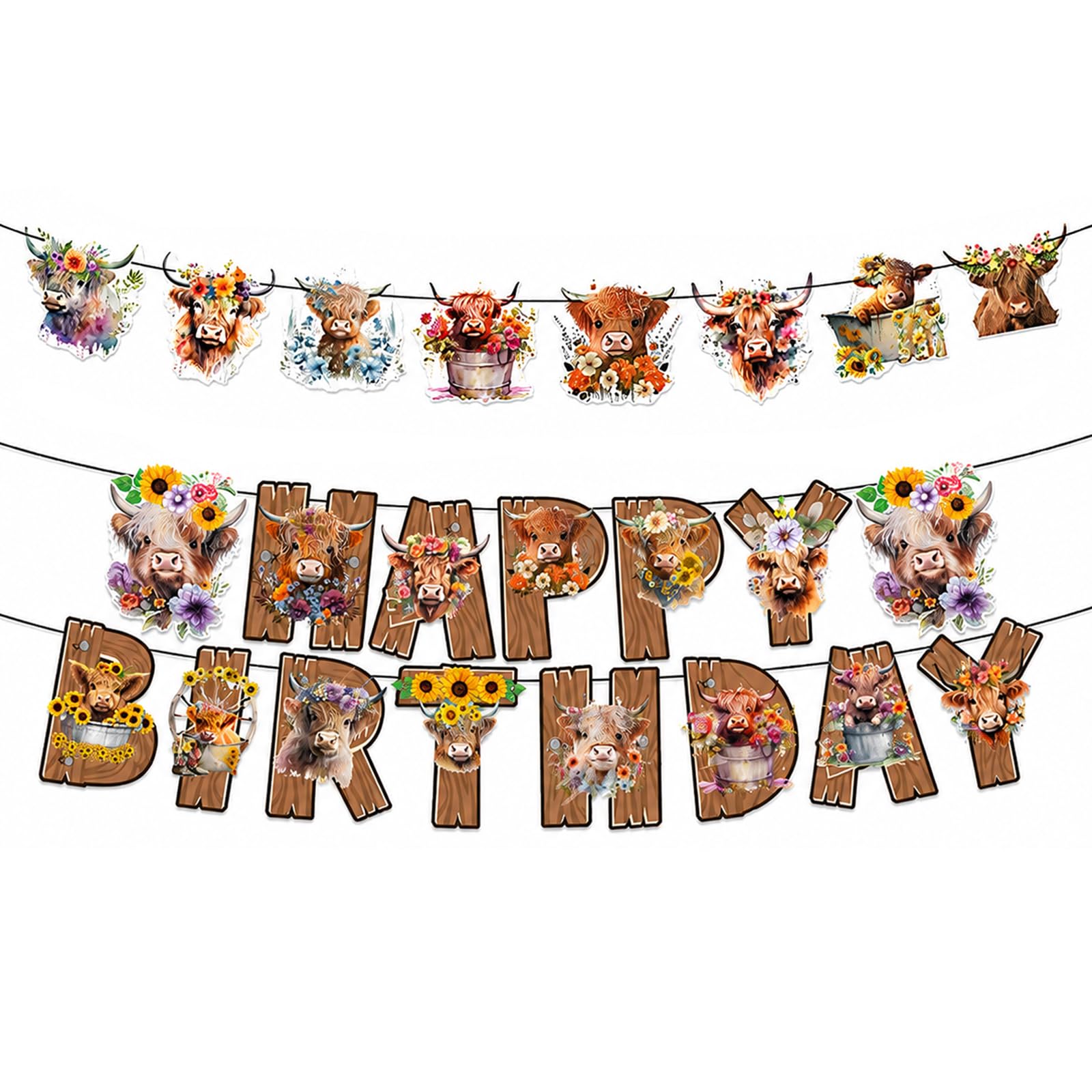 2Pcs Highland Cow Birthday Decorations, Happy Birthday Banner with Bunting