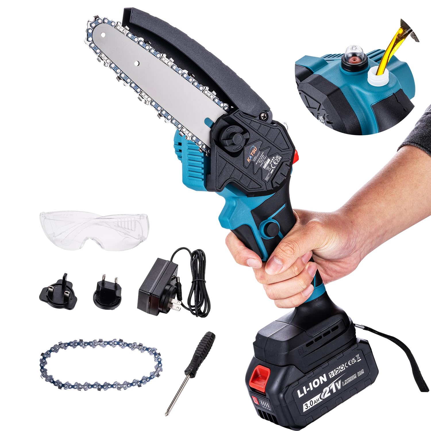 Katsu Tools Women's Katsu Fit-Bat 21V Brushless Cordless Chainsaw 6 Inch With 3.0Ah Battery And Charger, Extra Chain And Manual Oil Pump, For Garden Tree Branches Pruning Wood Cutting