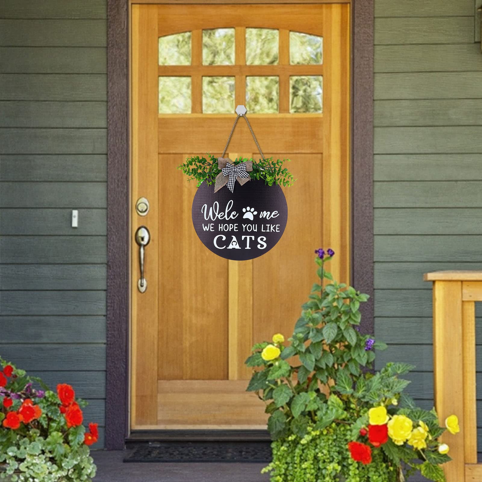 Cartello Benvenuto In Legno Con Gatti - Decorazione Rustica Per Porta D'Ingresso