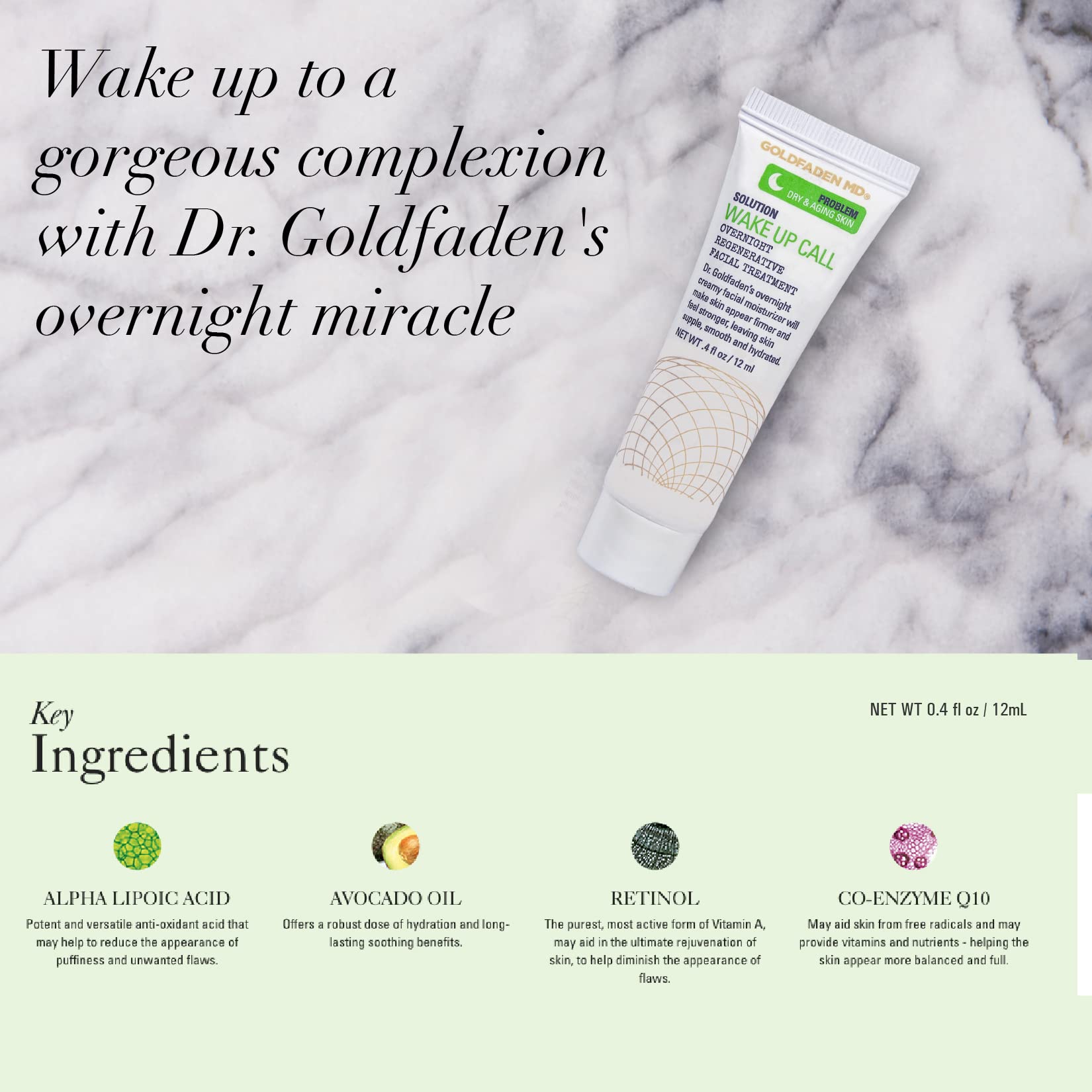 Dr. Goldfadens Wake Up Call Night Facial Moisturizer Night Cream for Dry & Aging Skin w/Alpha Lipoic Acid, Avocado Oil Retinol, Co-enzyme Q10 TRIAL .41 Fl Oz