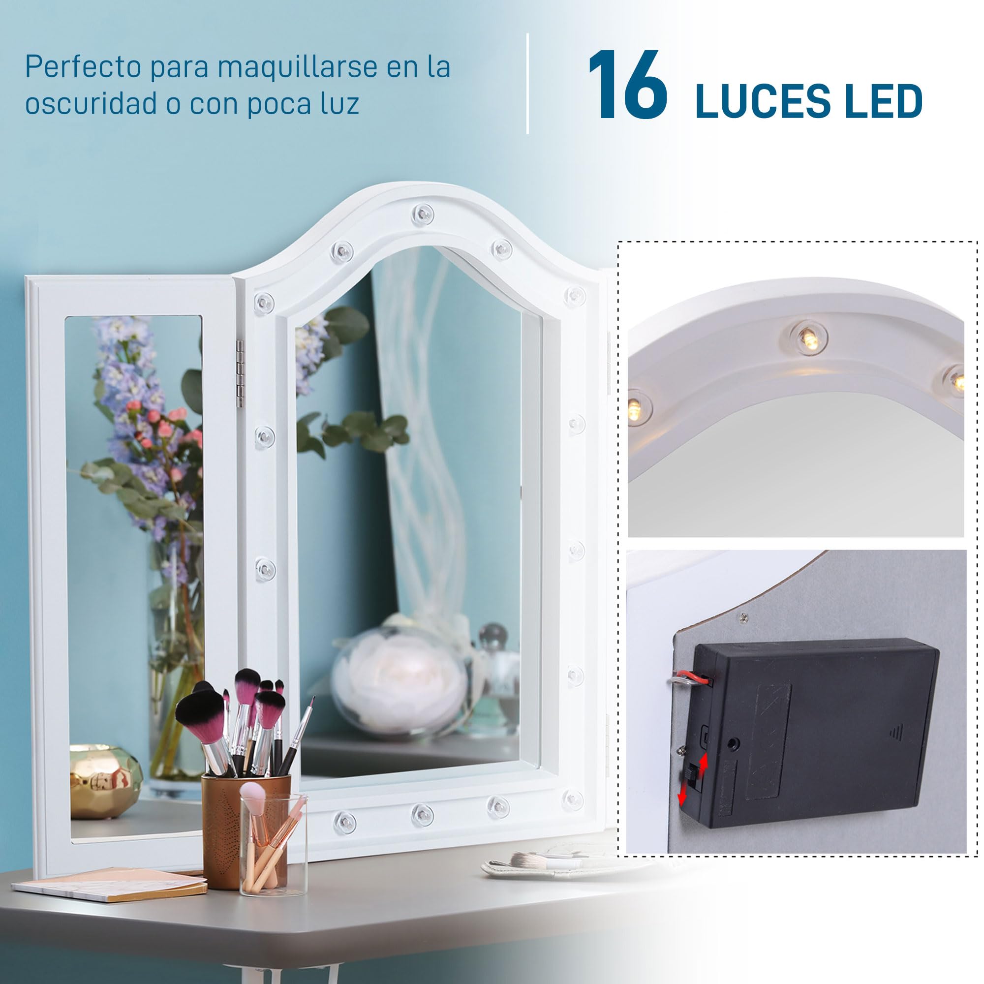 HOMCOM Espejo de Maquillaje con Luz LED Plegable Triple 73x53.5x4.5cm