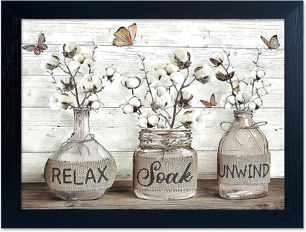 Bathroom Wall Art Rustic Farmhouse Wall Decor Cotton Flower Vase Canvas Art Vintage Butterfly Floral Glass Paintings Black Framed Pictures 20"L x 16"W IK06