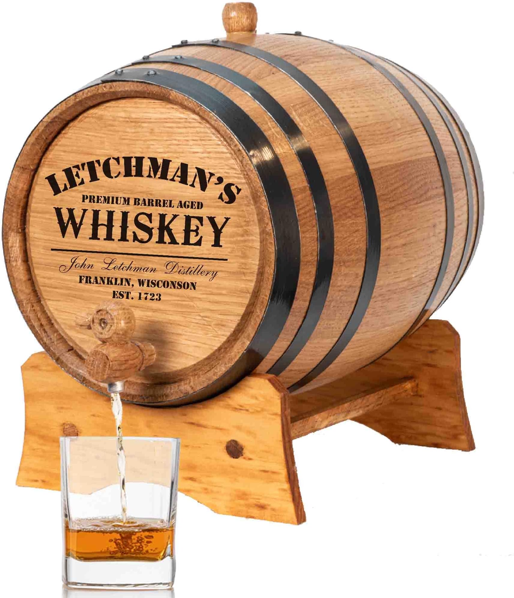 Personalized 1 Liter Oak Aging Barrel Liquor Dispenser w/Wood Stand, Bung & Spigot - Age Cocktails, Bourbon, Whisky, Rum, Tequila, Mead Wine - 1L Mini Whiskey Barrels (P5)
