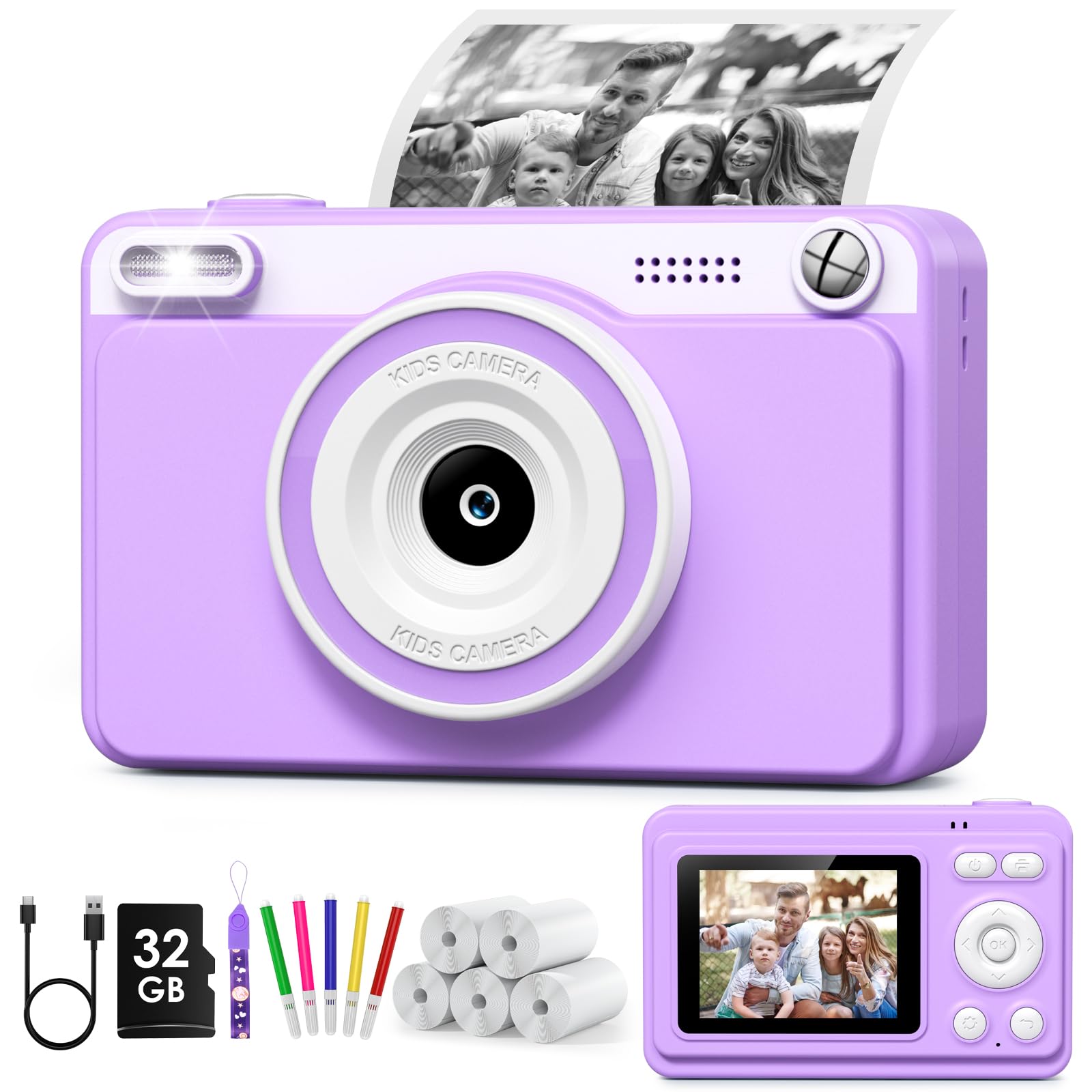 Macchina Fotografica Bambini Istantanea, 2.4" Schermo Fotocamera Istantanea con 32GB Scheda, 1080P Fotocamera Digital per Bambini, Giocattolo Regalo per Bambino da 3-14 Anni