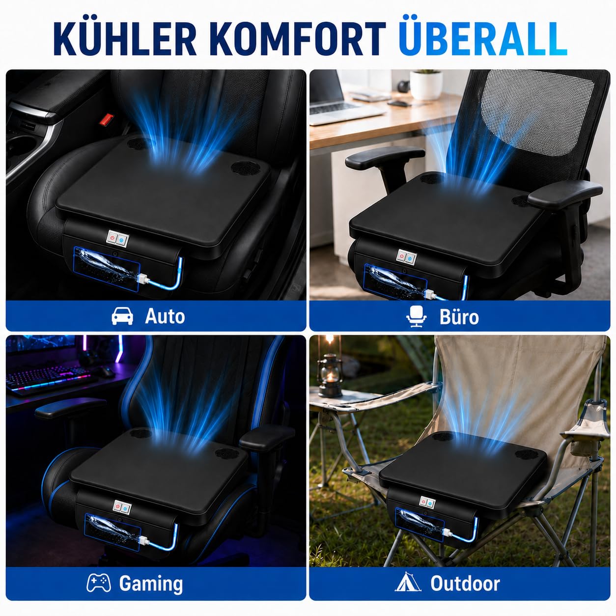 Wassergekühltes Sitzkissen mit Ventilator | Kühlung bis 27°C, 3 Geschwindigkeitsstufen, USB/12V/24V, für Auto und Büro