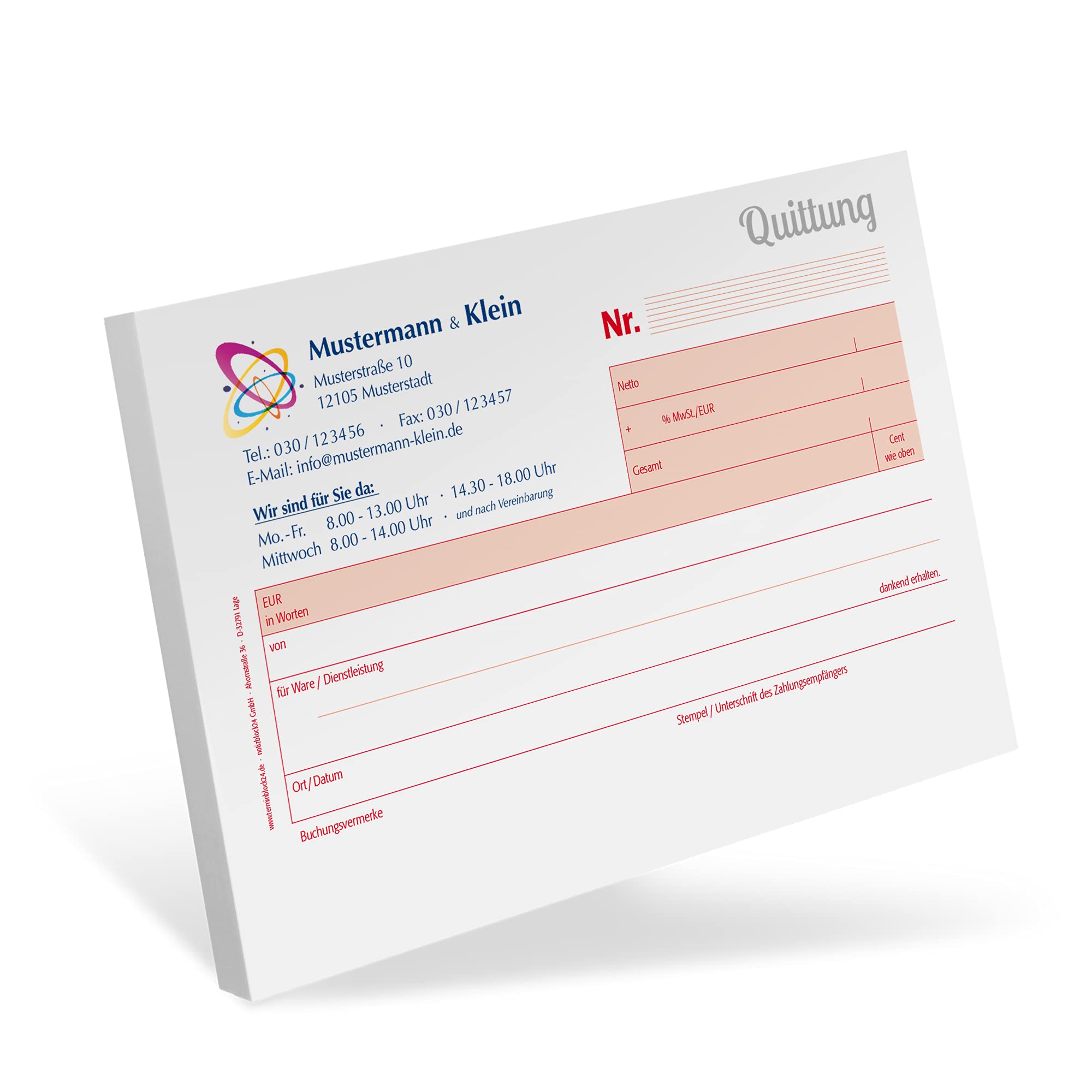 16 Personalisierte Quittungsblöcke mit Ihrem Text und Logo bedruckt/selbstdurchschreibend / 2 x 50 Blatt / A6 quer