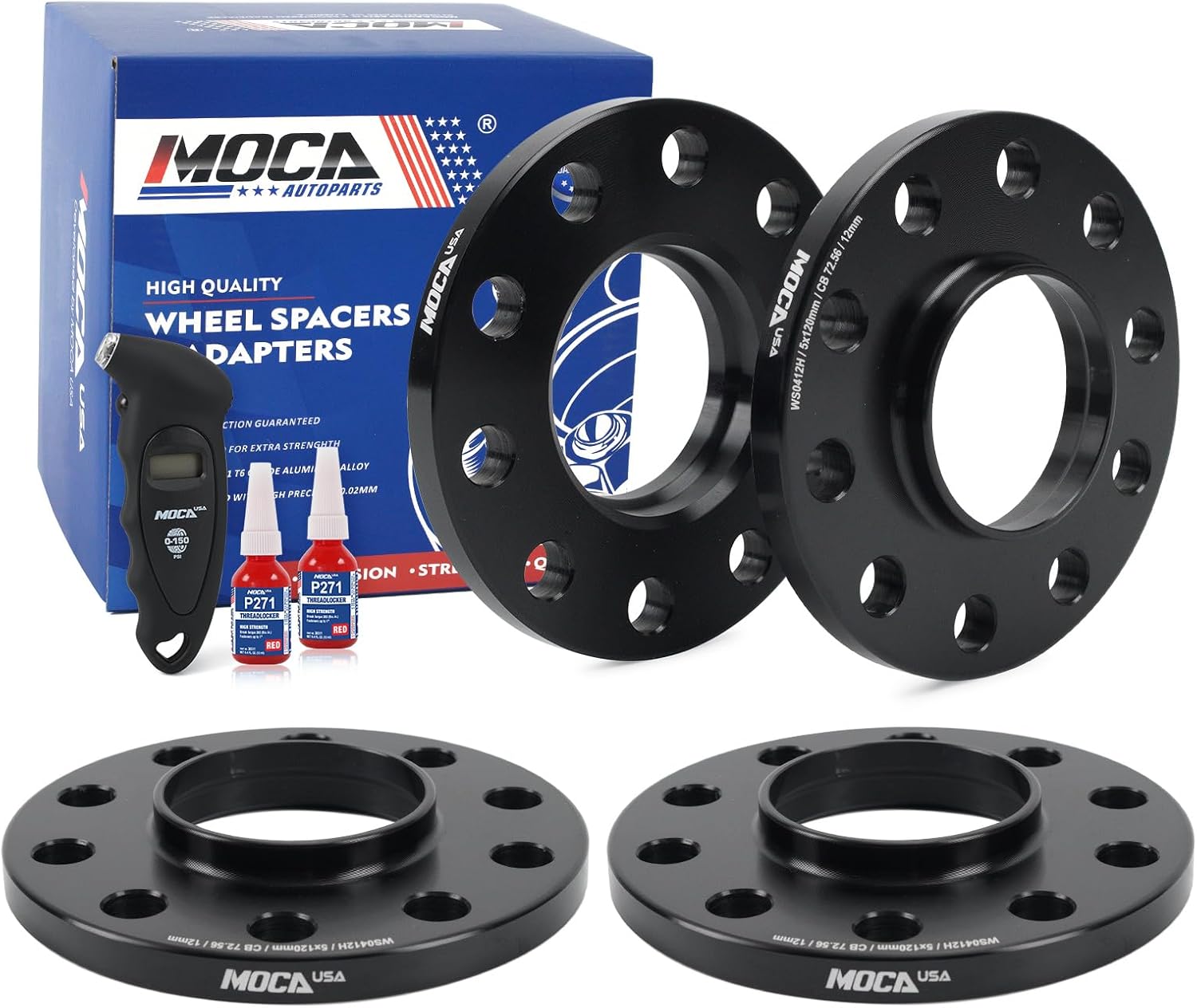 MOCA 12mm 5x120 Hubcentric Wheel Spacers (72.56mm Bore) Compatible with BWM E36 E46 E60 E90 E92 E80 M5 M6 & for Free Tire Pressure Gauge (Black, Pack of 4)