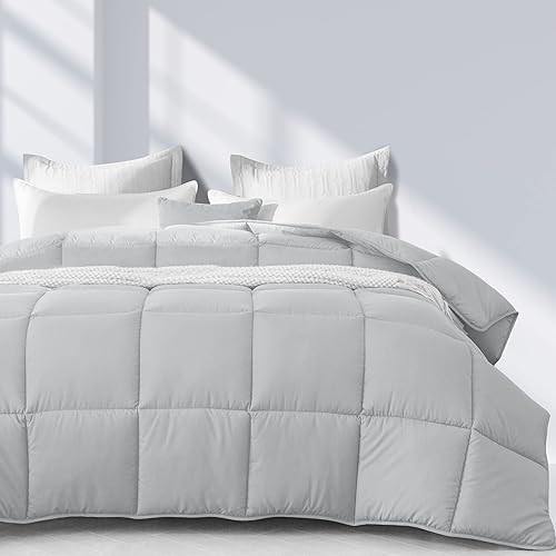 Edredón alternativo de plumón tamaño Queen, color gris claro, relleno de poliéster esponjoso para todas las estaciones, relleno de edredón, tela de