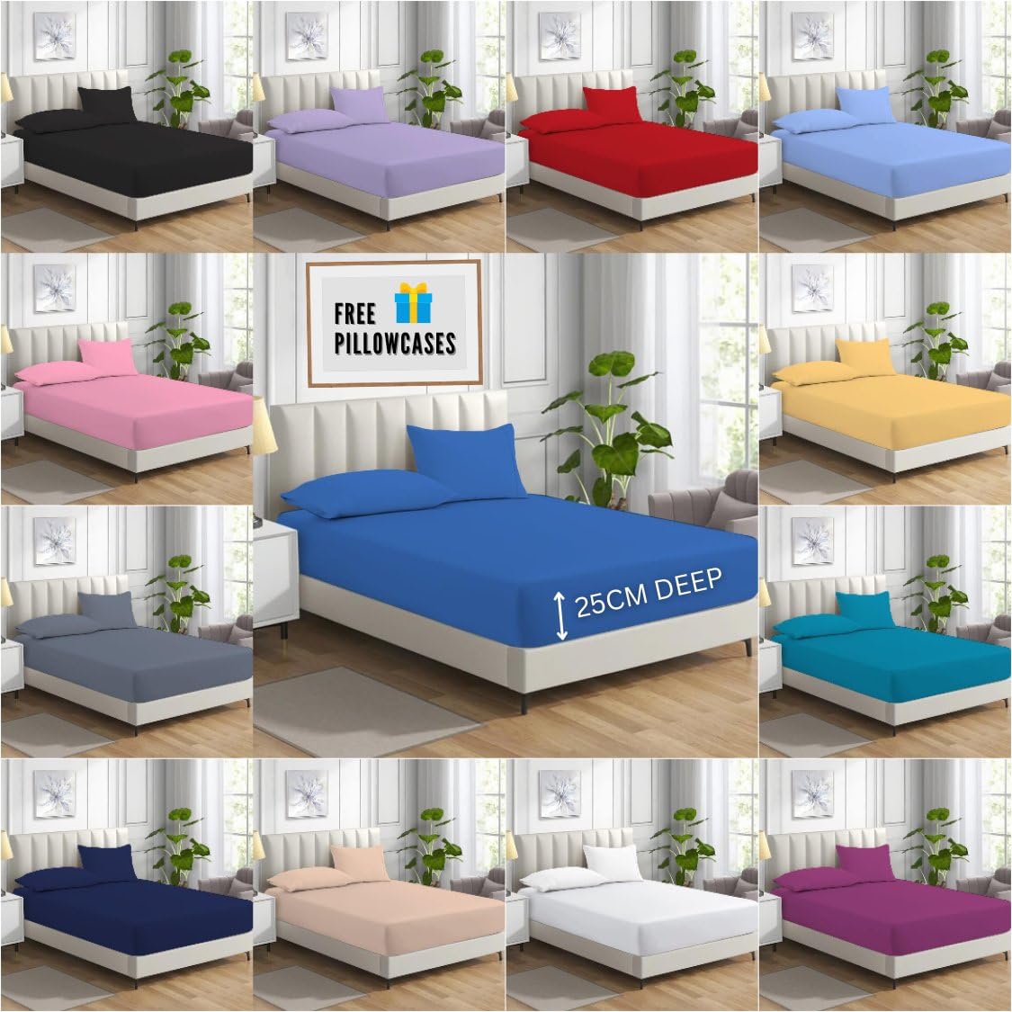 KARKARM Plain Dye 25CM Deep King Size Fitted Sheet with FREE 2 Pillow Cases – Fitted Bed Sheets Set – Soft Poly Cotton Percale (White, King Size Fitted Sheet and Pillowcases Set)