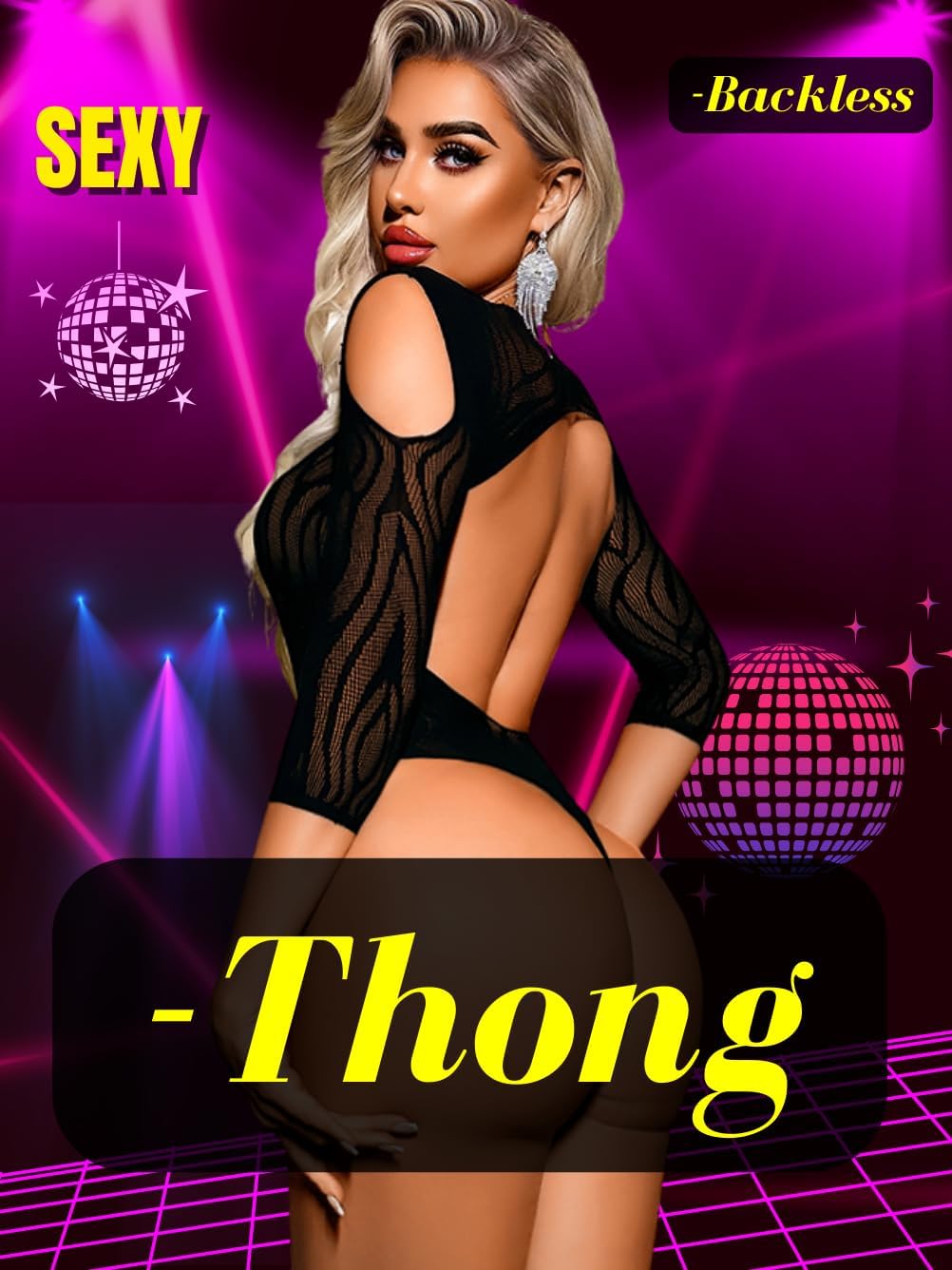 Sexy Womens Fishnet Lace Bodysuit, Striped Cut Out Thong Sheer Mesh Top, Club Rave Exotic Dancer Outfits Going Out - Image 3
