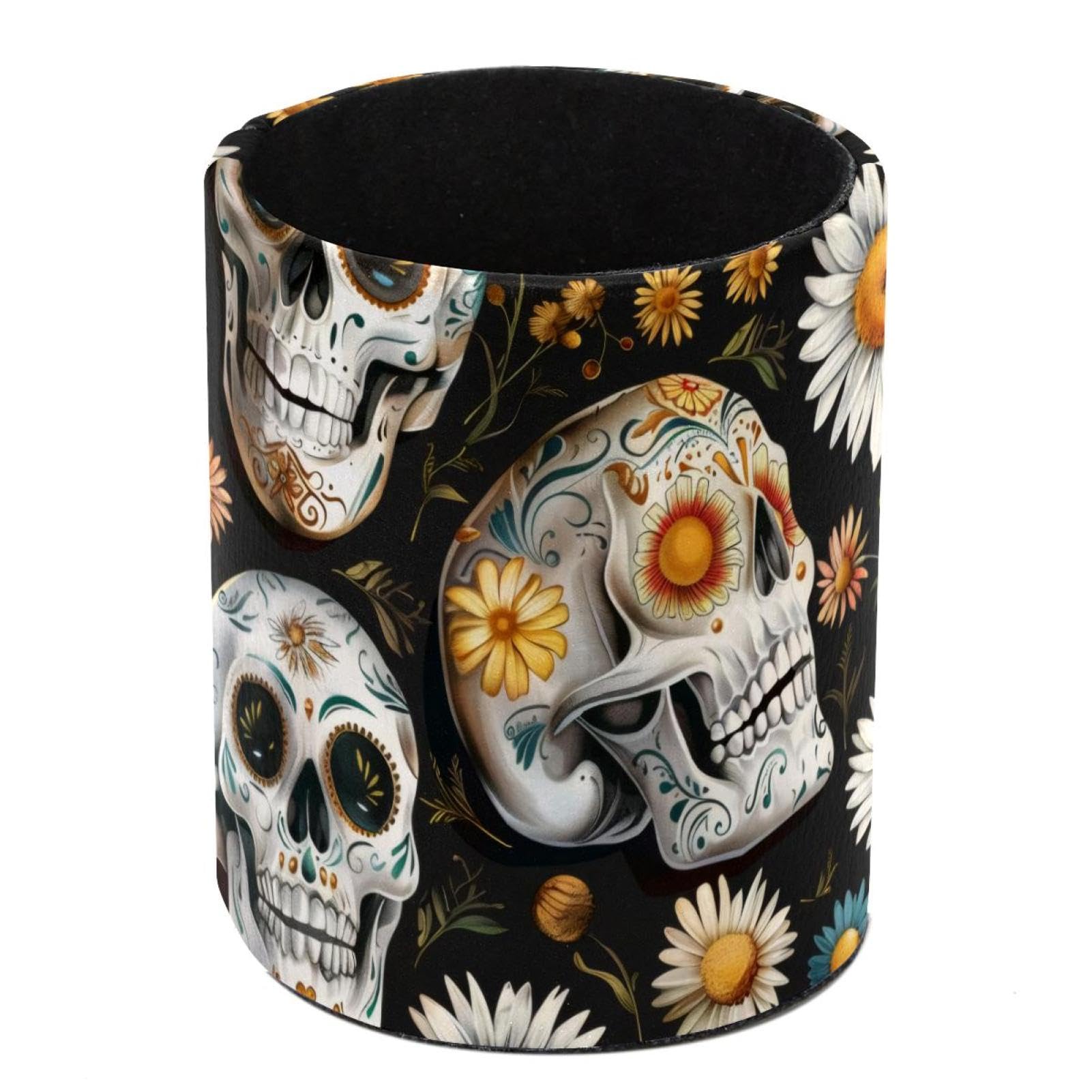 FWJZDSP Pen Holder for Desk, Sugar Skulls Daisy Makeup Brushes Cup, Leather Pencil Holders, Stationery Organizer for Office Desk Accessory