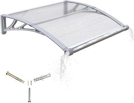 32" x 48" Door Awning Exterior, Polycarbonate Window Canopy with Drainage, Leak-Proof Sealing Front Door Rain Shelter, UV Rain Snow Awnings for House, Porch, Patio, Deck