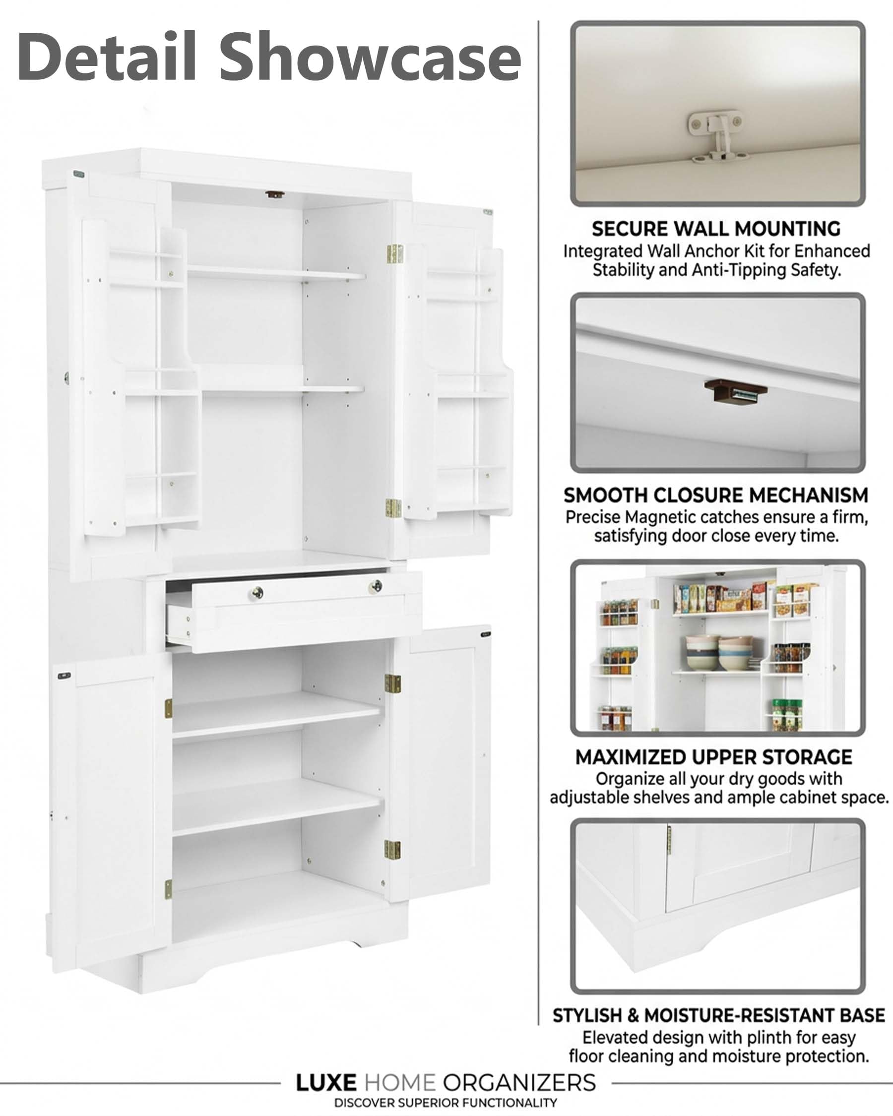Credenza Cucina Alta, Mobile Dispensa Alto 4 Ante e Cassetti con Ripiani Regolabili e Portaspezie sulla Porta, Colonna Bagno Alta e Stretta per Salvaspazio, 76x40x182cm