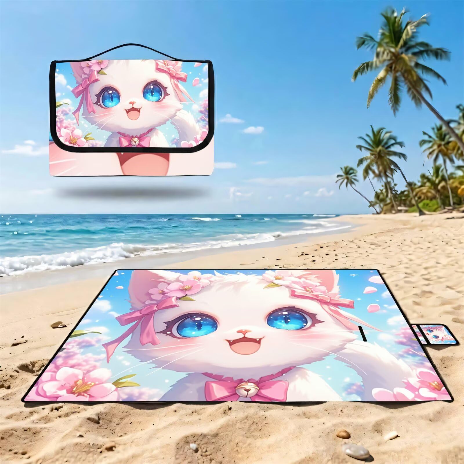 Couverture Pique Nique 200x200cm,Outdoor Couverture Imperméable,Pliable Tapis de Plage Dos en PVC,Grande Picnic Blanket pour Camping Accessoires,Jardin,Parc,Famille - Les chats sont mignons (4) UZ-465