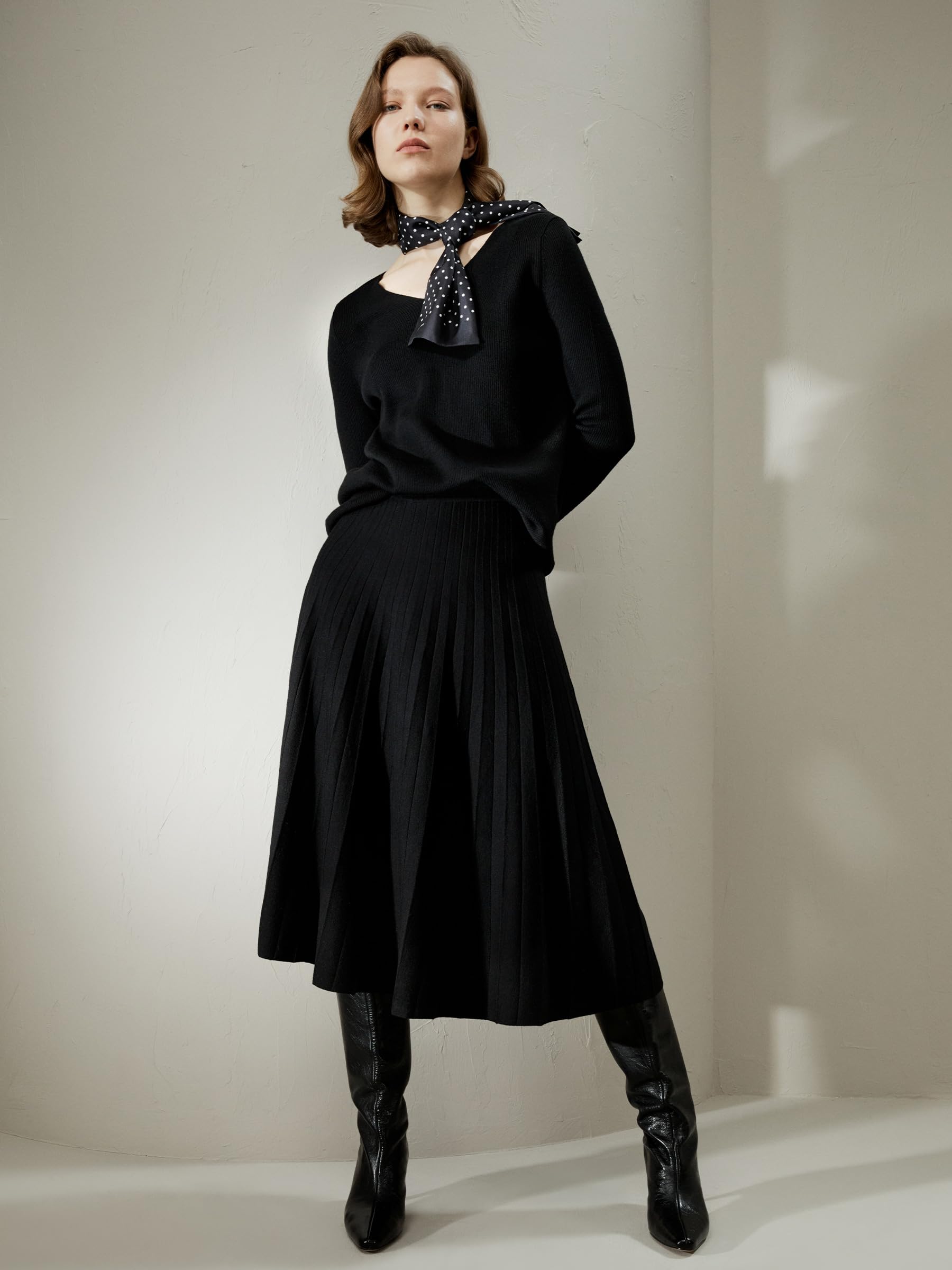 LilySilk 100% Merinowollrock Collegiate Ultrafein für Damen A-Linie Gestrickter Saum Winter Herbst Plissierter Rock Knielänge